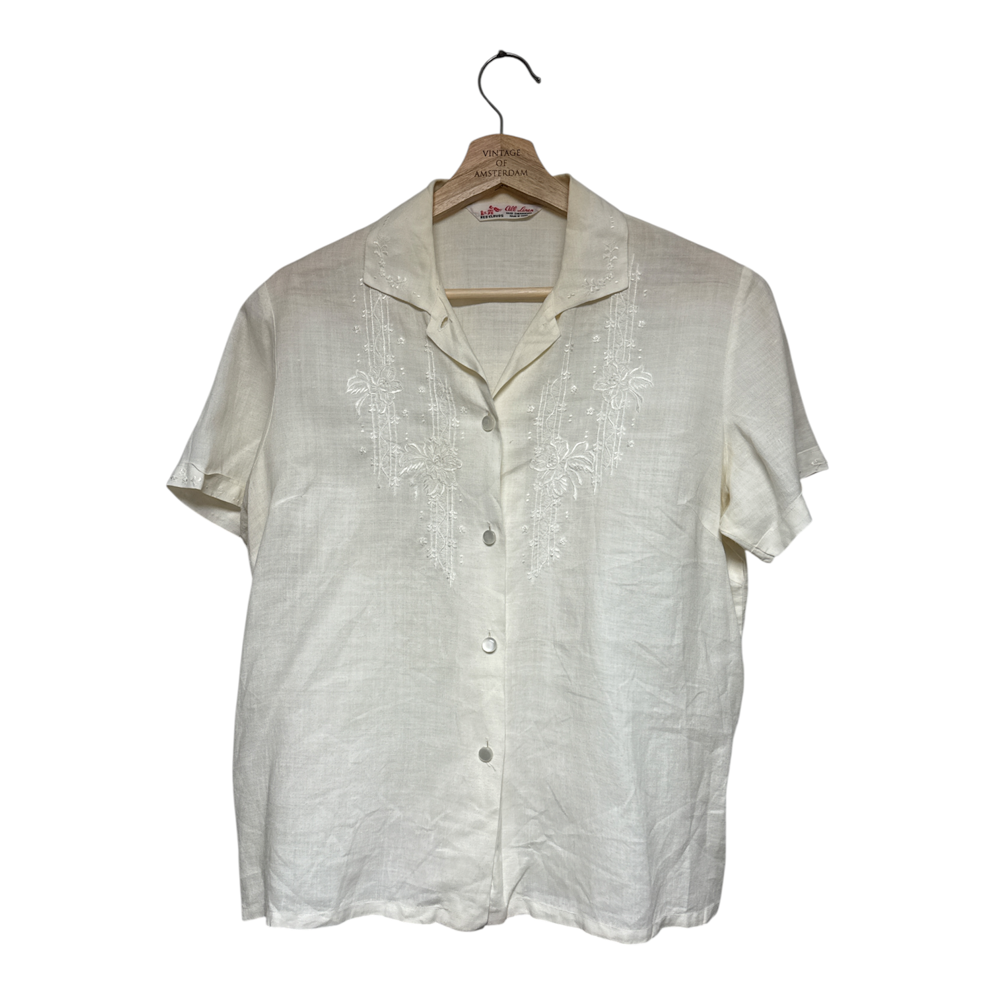 VINTAGE WHITE LINEN EMBROIDERED SHORT SLEEVE BLOUSE