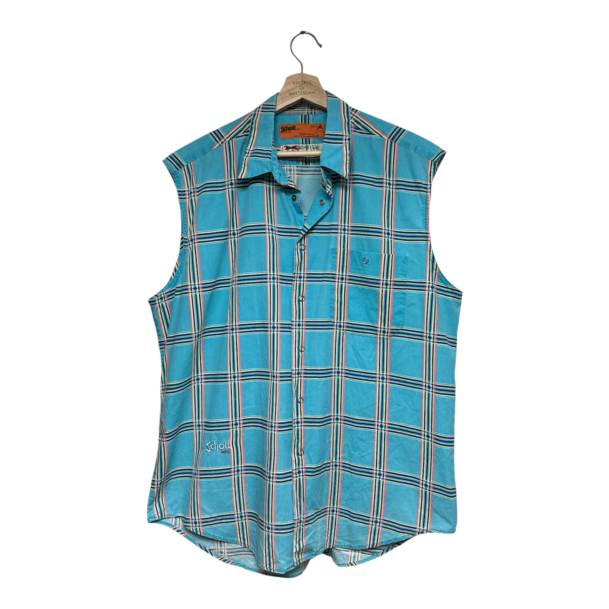 VINTAGE TURQUOISE PLAID SLEEVELESS BUTTON-UP SHIRT BY SCHOTT NYC