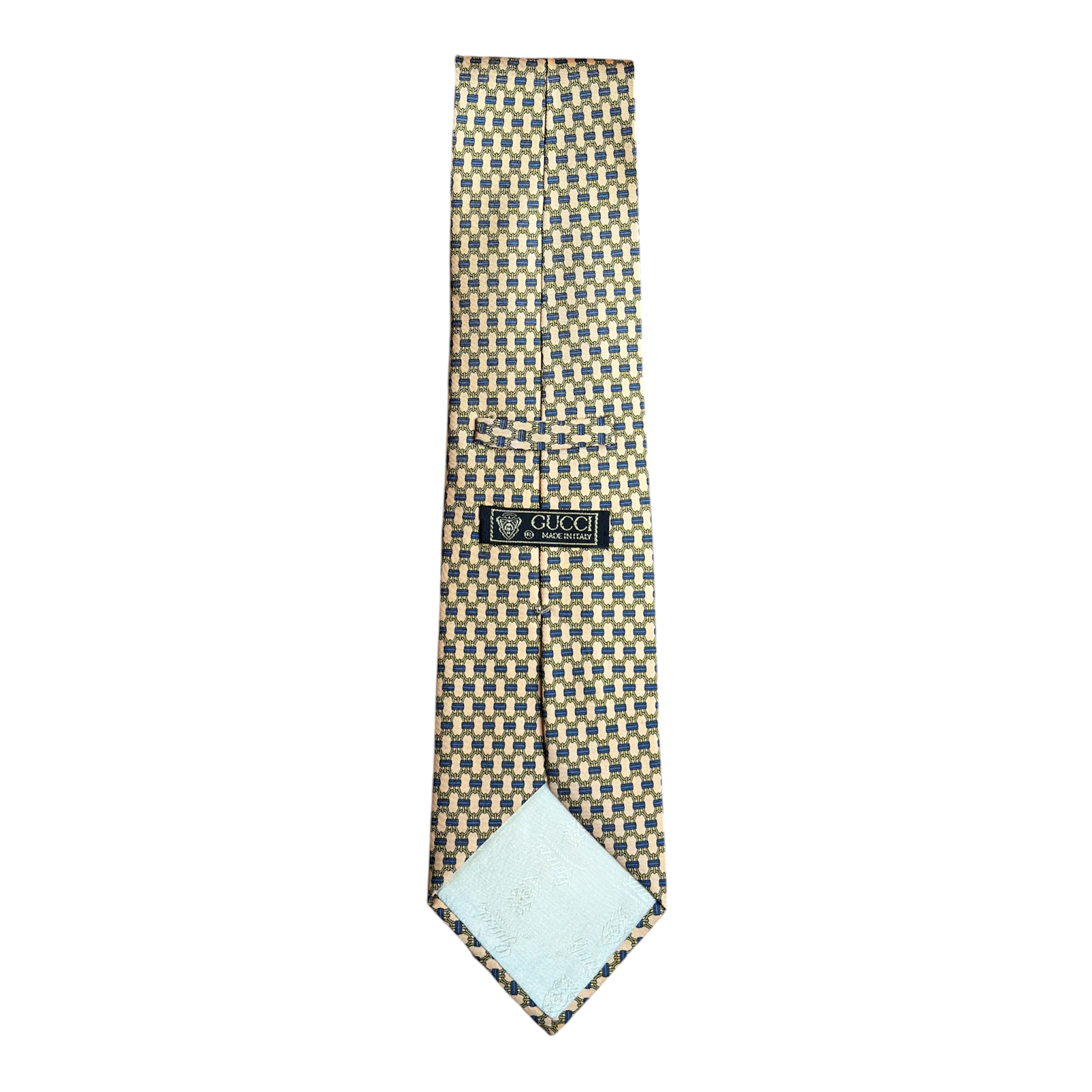 VINTAGE GUCCI BEIGE & BLUE GEOMETRIC SILK TIE-2