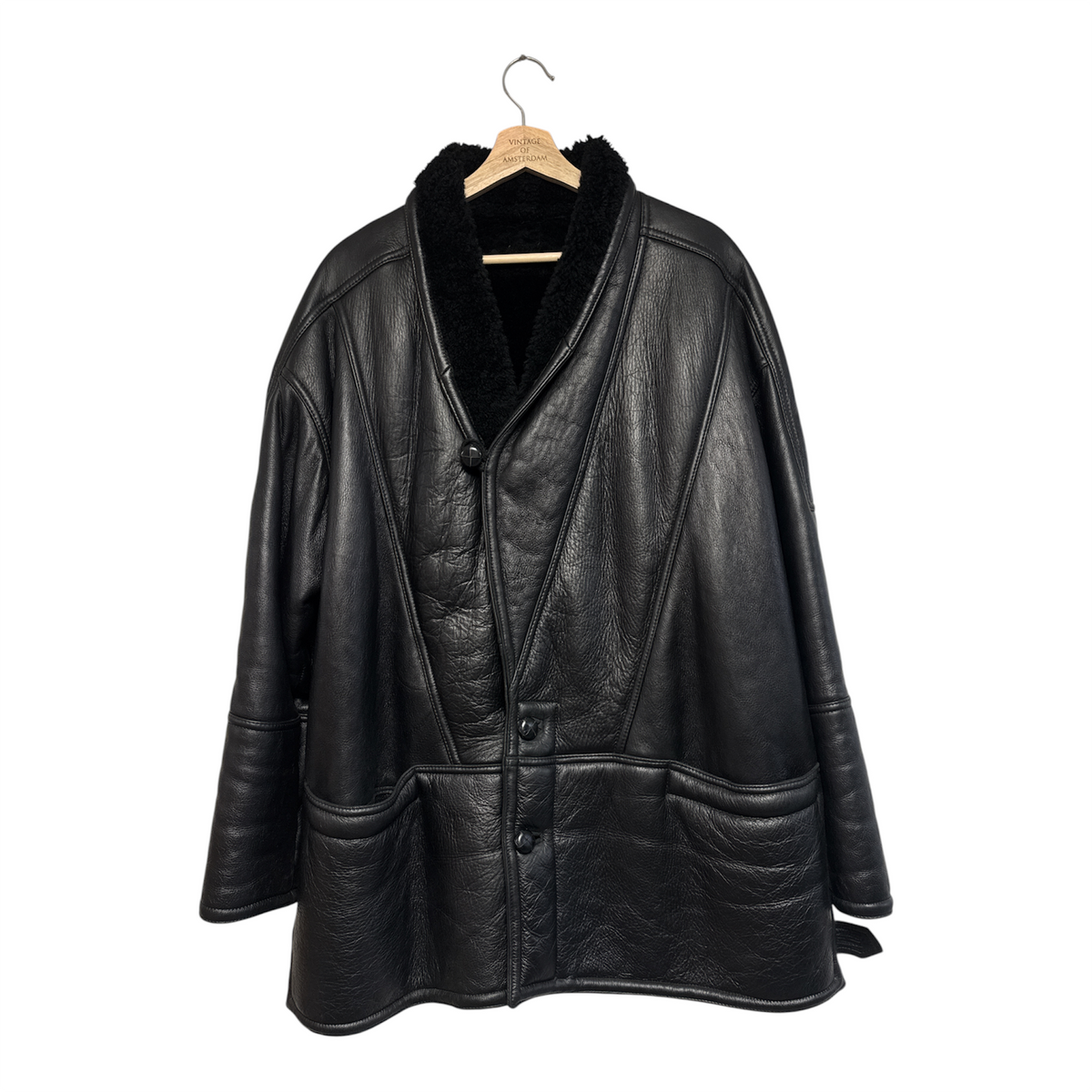 VINTAGE BLACK LEATHER SHEARLING COLLAR COAT-1