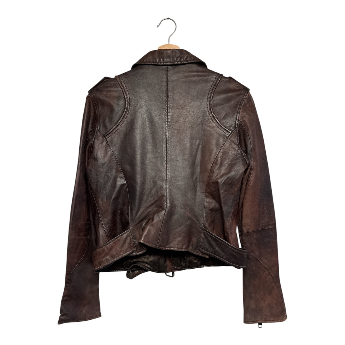 VINTAGE DISTRESSED BROWN LEATHER JACKET WITH BELT-2