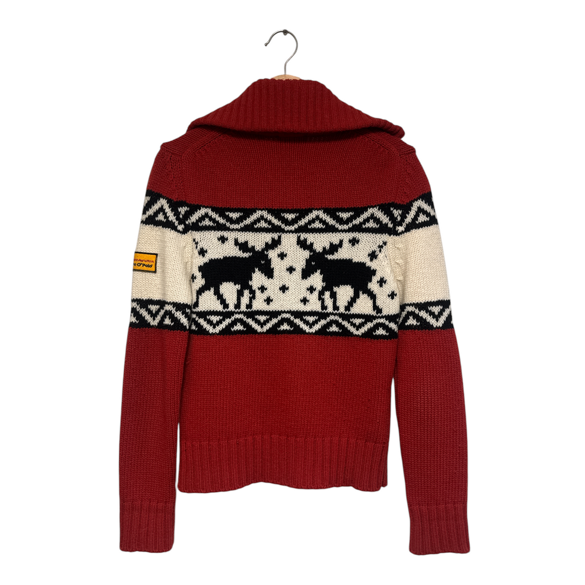 VINTAGE MARC O’POLO RED AND CREAM FAIR ISLE MOOSE ZIP-UP KNIT CARDIGAN-2