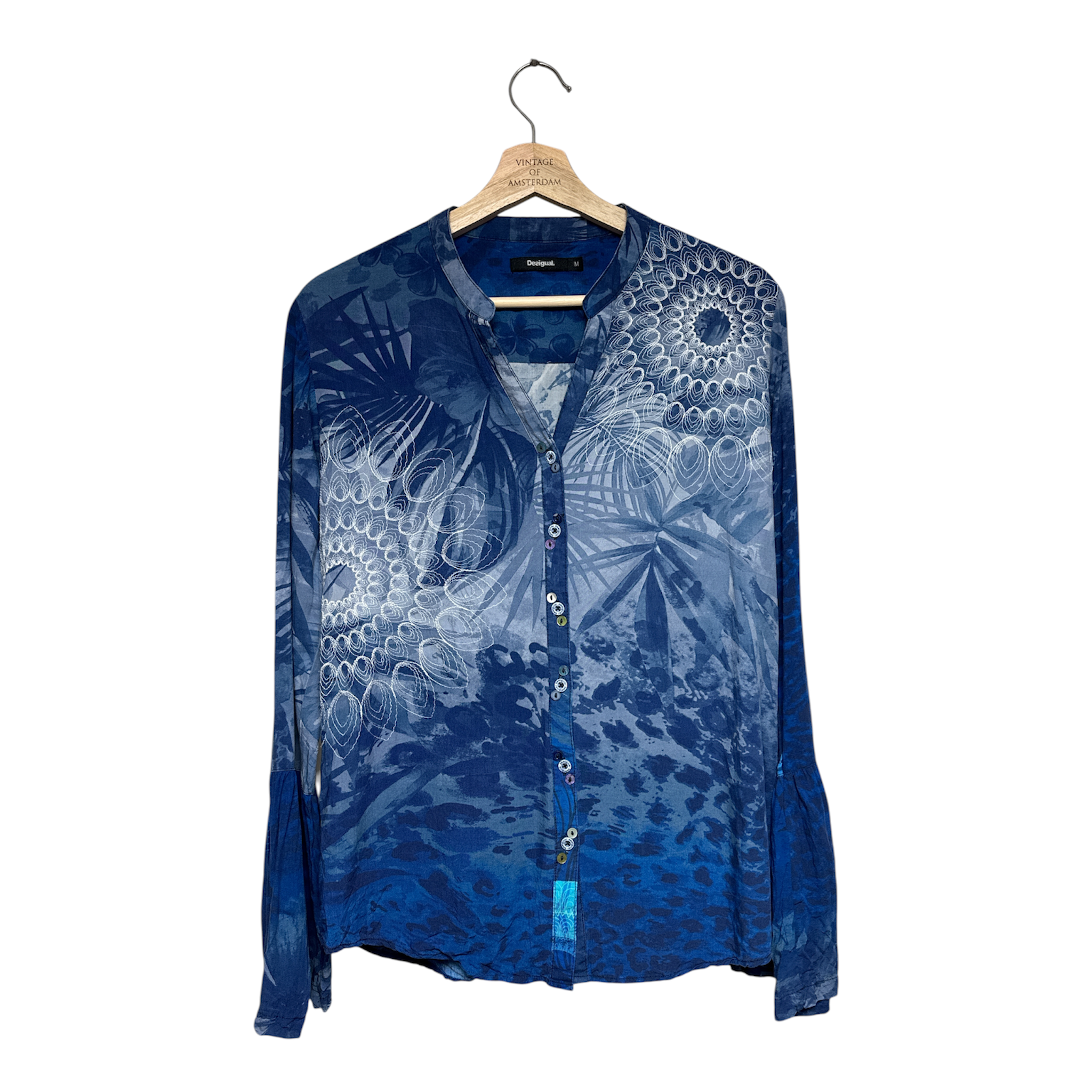VINTAGE Y2K BLUE SHEER ABSTRACT PRINT BUTTON-UP BLOUSE-1