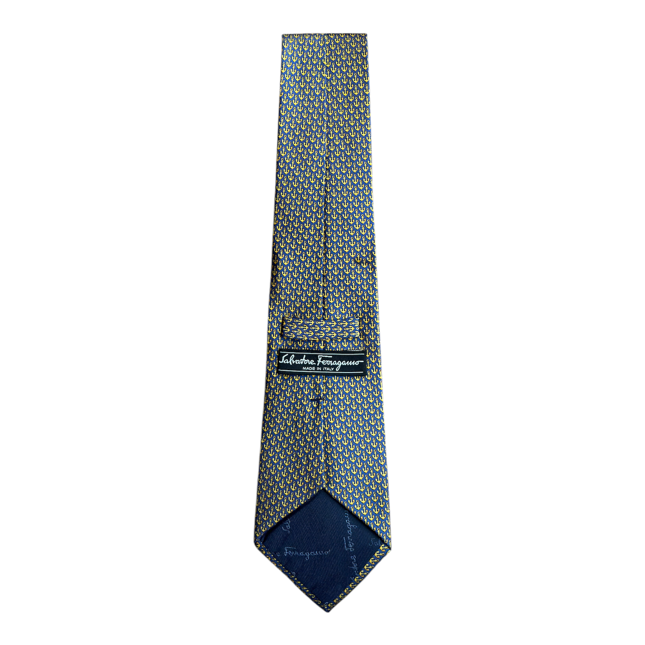 VINTAGE SALVATORE FERRAGAMO NAVY & GOLD ANCHOR PRINT SILK TIE-2
