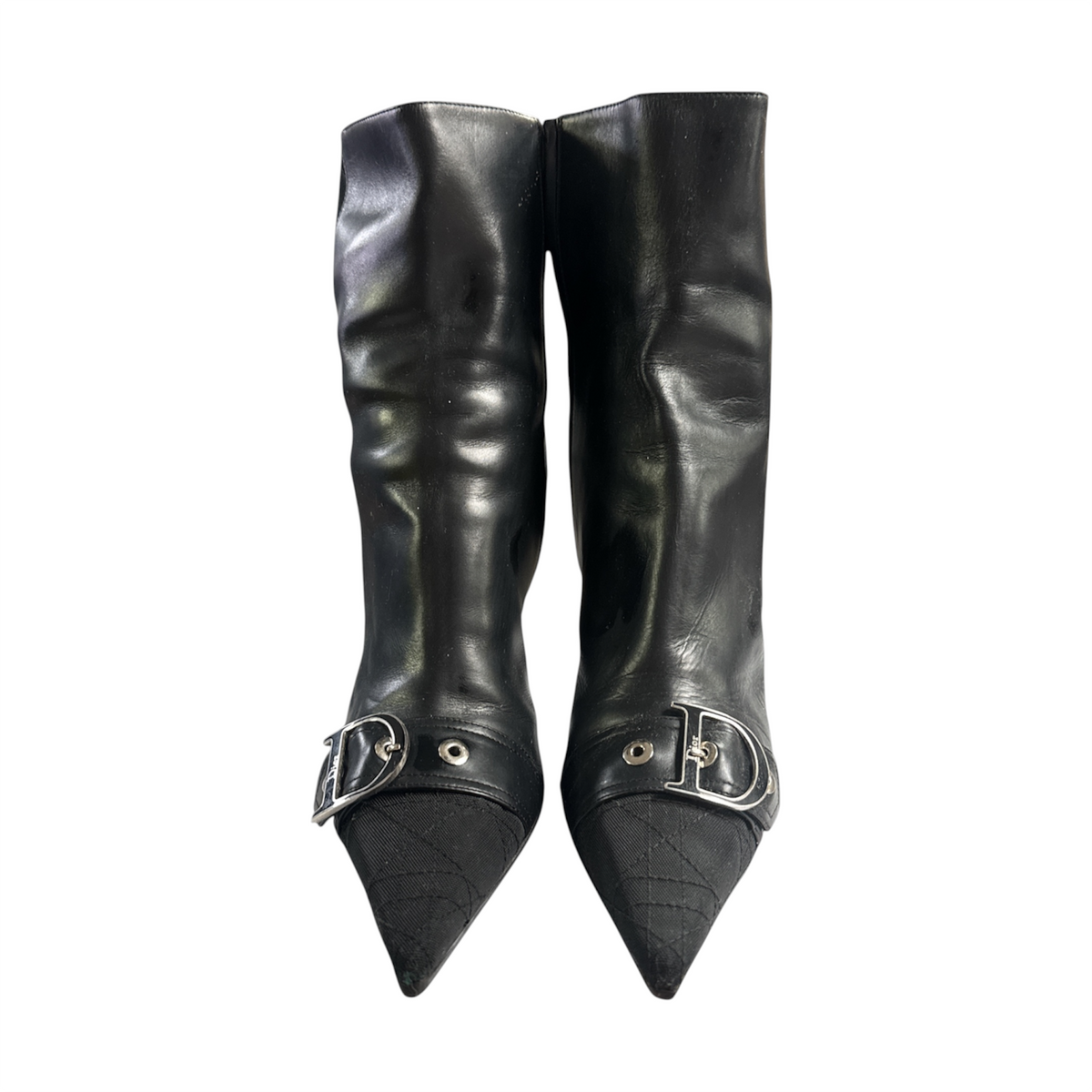 VINTAGE DIOR BLACK LEATHER POINTED-TOE BUCKLE KNEE-HIGH BOOTS-2