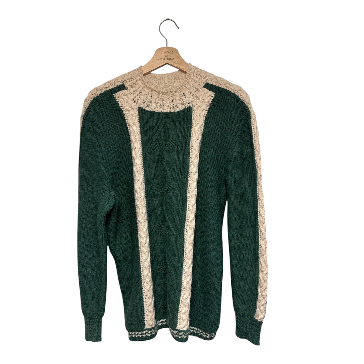 VINTAGE FOREST GREEN AND CREAM CABLE-KNIT PANEL CREWNECK SWEATER