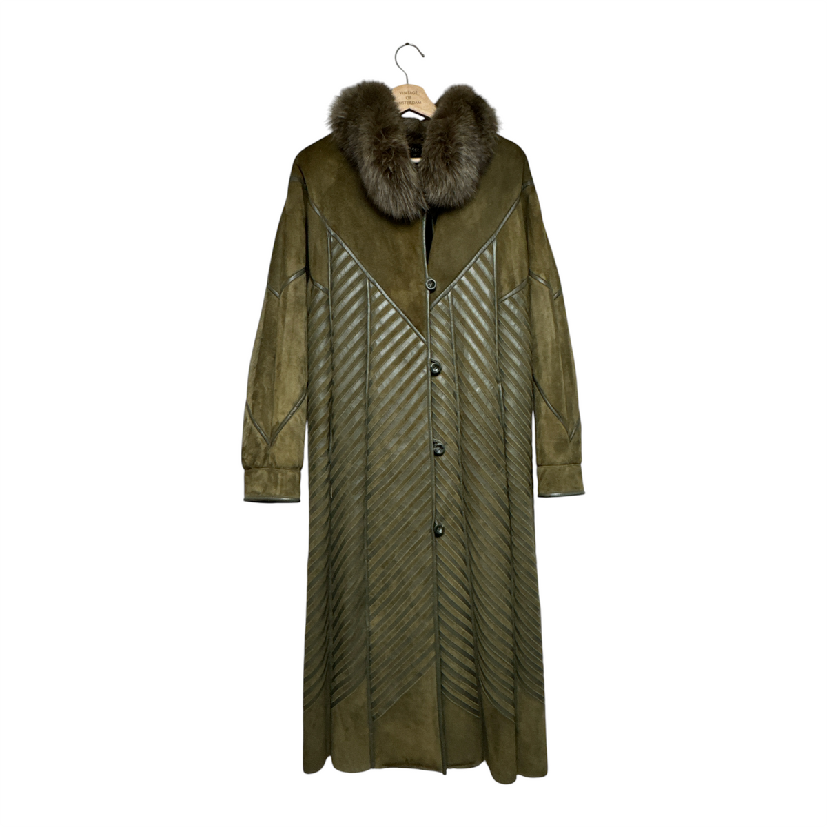 VINTAGE OLIVE GREEN SUEDE AND LEATHER PANEL LONG COAT WITH FUR COLLAR-1