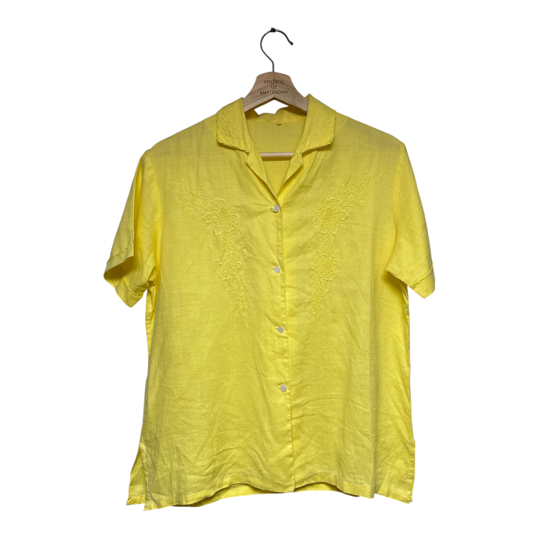 VINTAGE YELLOW LINEN EMBROIDERED SHORT SLEEVE BLOUSE