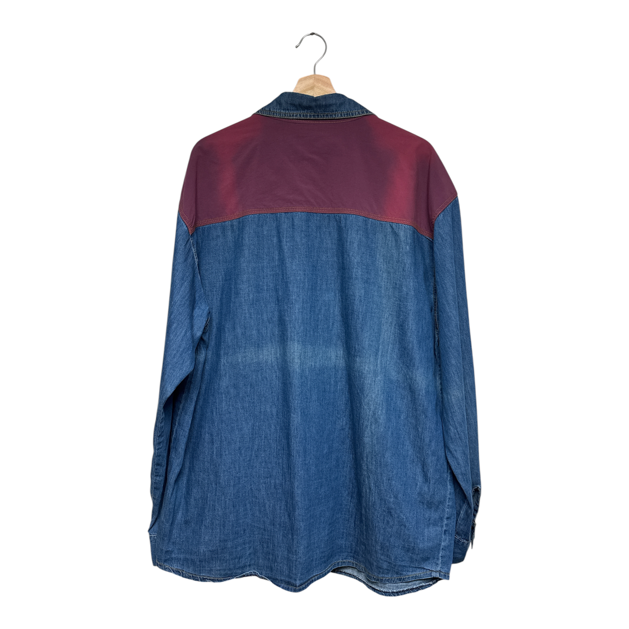 VINTAGE DENIM & BURGUNDY COLOR BLOCK BUTTON-UP SHIRT-2