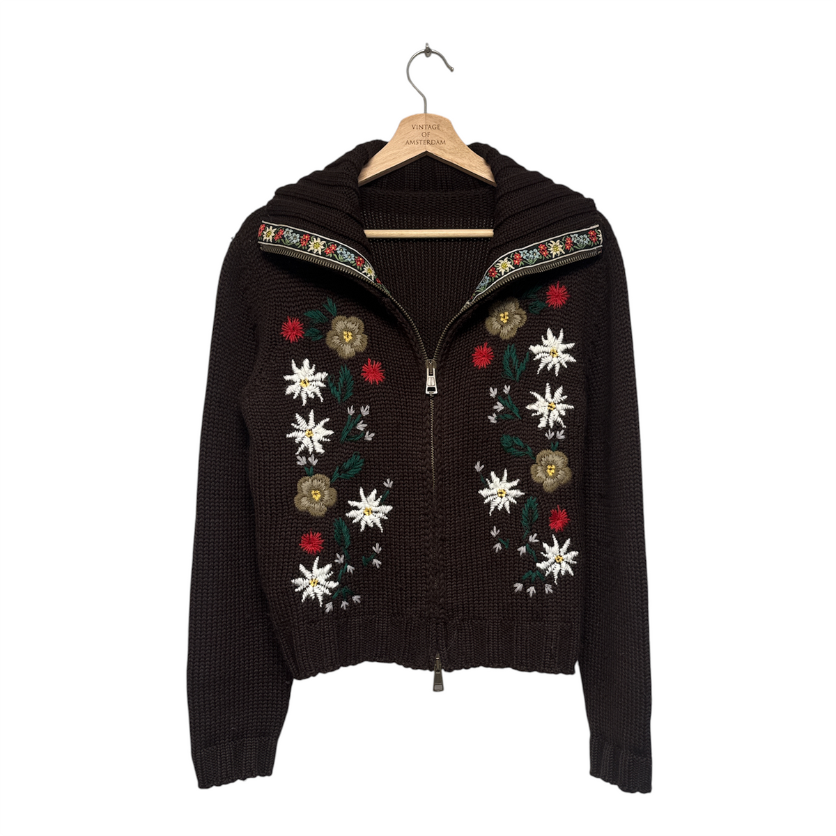 VINTAGE DARK BROWN ALPINE FLORAL EMBROIDERED ZIP-UP KNIT CARDIGAN-1