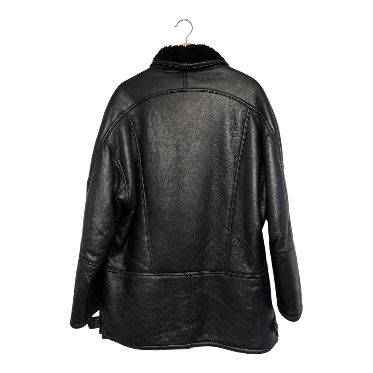VINTAGE BLACK LEATHER SHEARLING COLLAR COAT-2