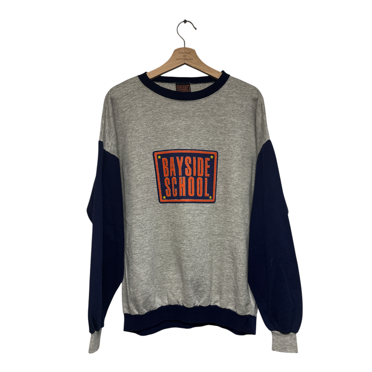 VINTAGE BAYSIDE SCHOOL GREY AND NAVY COLORBLOCK CREWNECK SWEATSHIRT