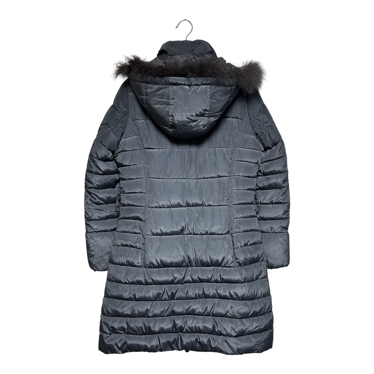 VINTAGE MONCLER DARK GREY PADDED DOWN LONG COAT WITH FUR TRIM HOOD-2