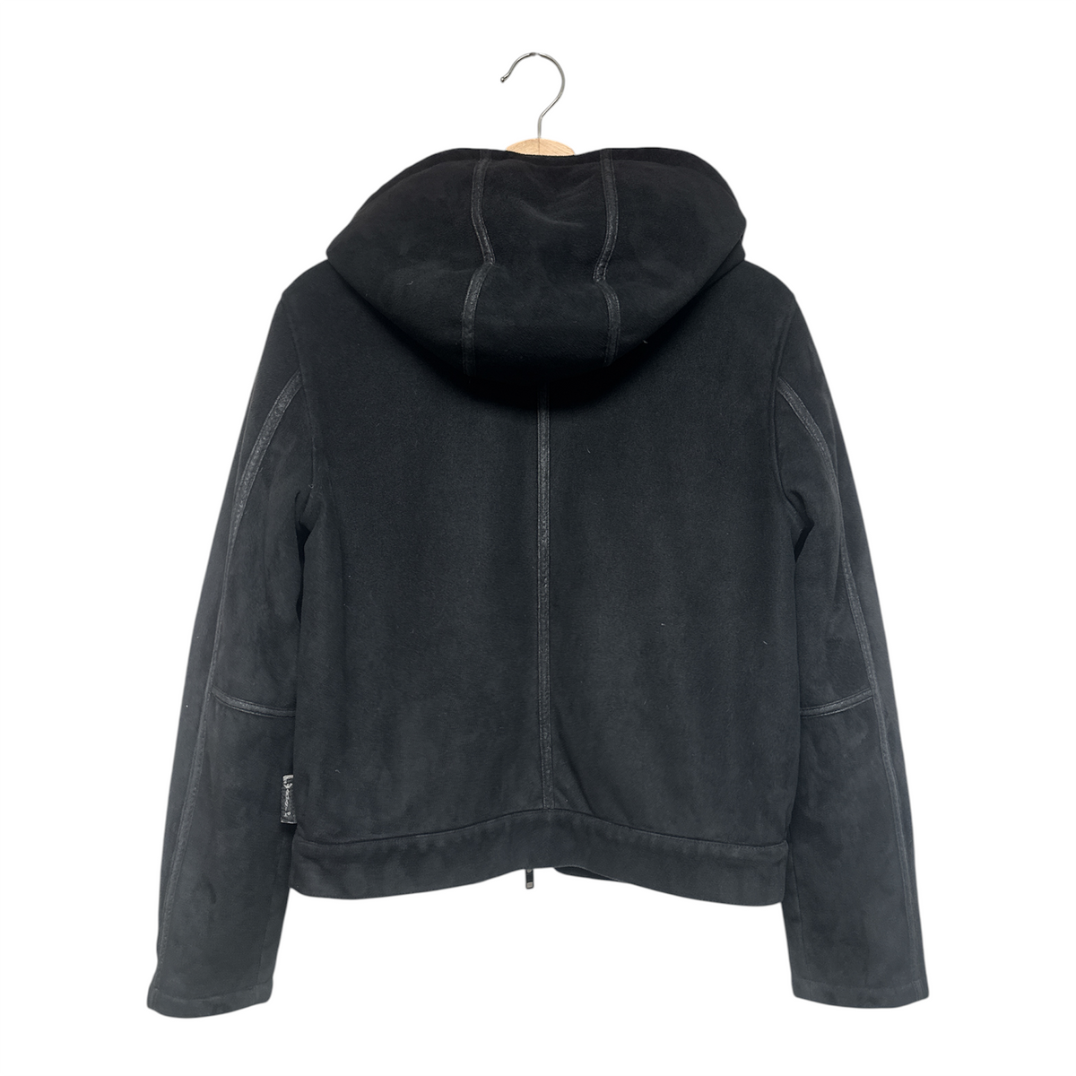 VINTAGE ARMANI JEANS BLACK SUEDE SHERPA LINED HOODED BOMBER JACKET-2