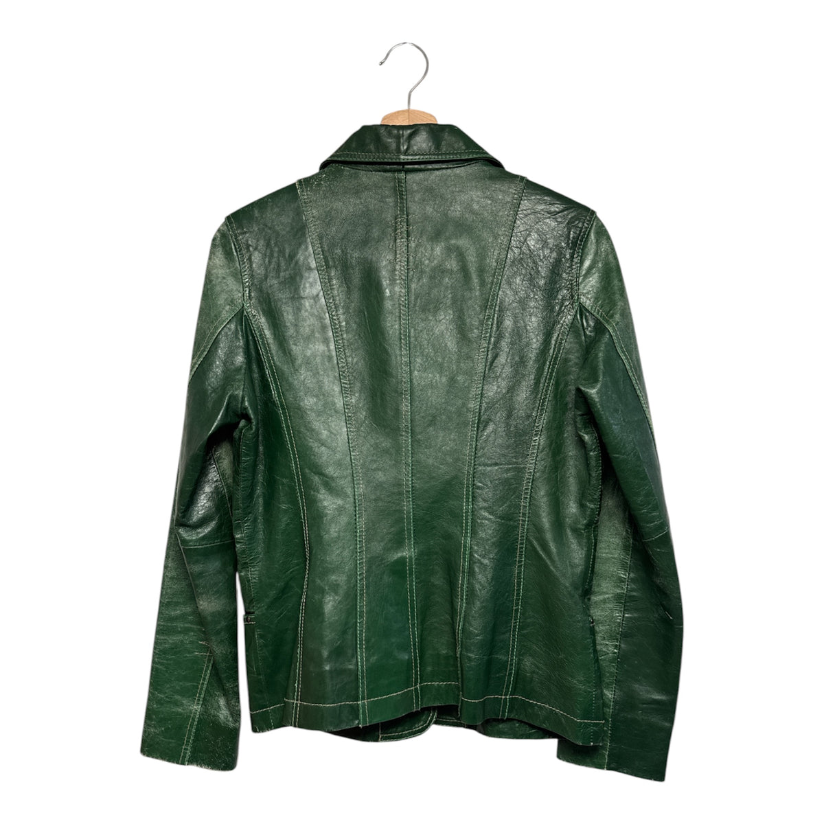 VINTAGE GREEN DISTRESSED LEATHER JACKET WITH CONTRAST STITCHING-2