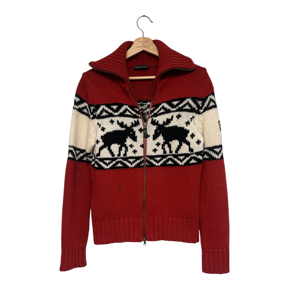 VINTAGE MARC O’POLO RED AND CREAM FAIR ISLE MOOSE ZIP-UP KNIT CARDIGAN-1