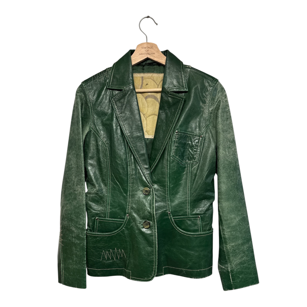 VINTAGE GREEN DISTRESSED LEATHER JACKET WITH CONTRAST STITCHING-1