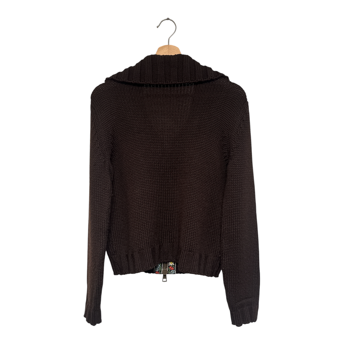 VINTAGE DARK BROWN ALPINE FLORAL EMBROIDERED ZIP-UP KNIT CARDIGAN-2