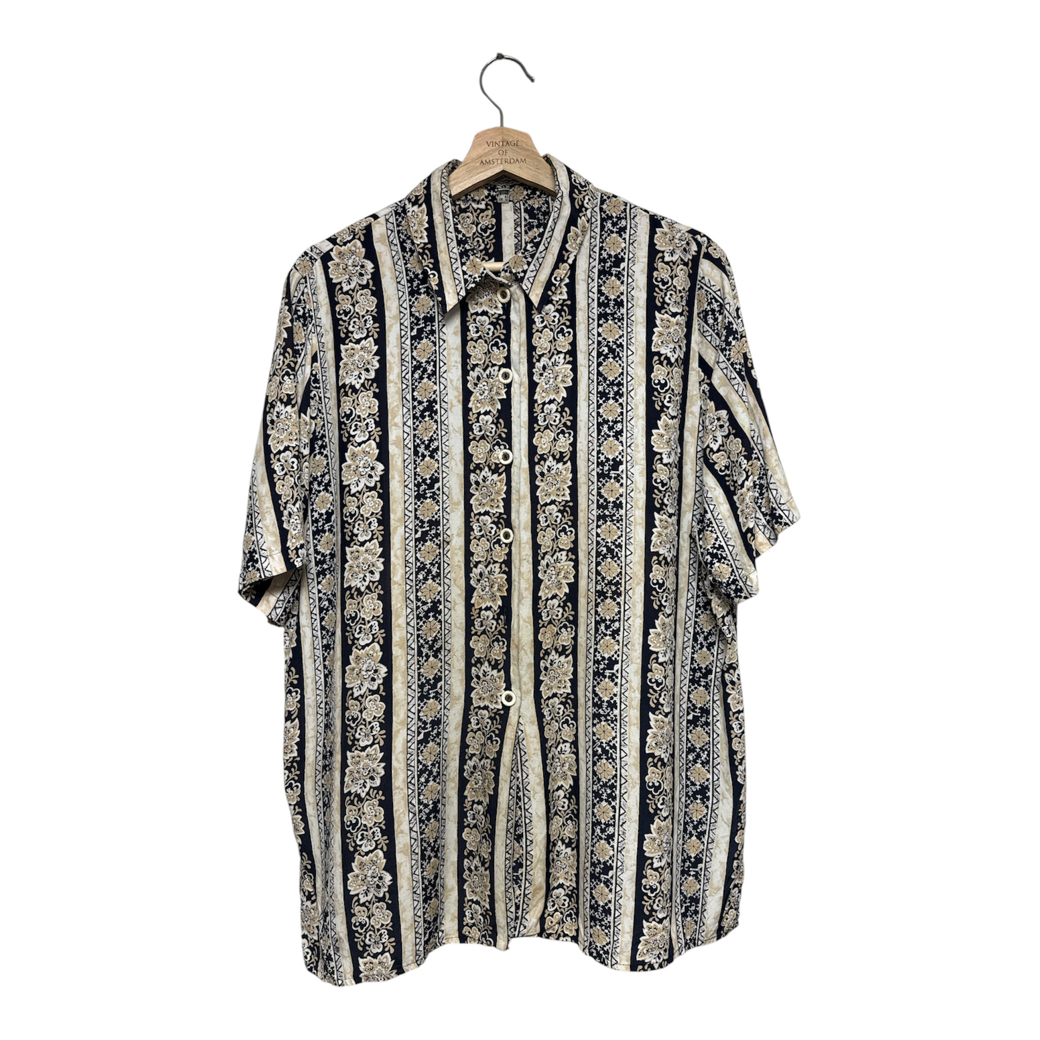 VINTAGE FLORAL STRIPE SHORT SLEEVE BUTTON-UP SHIRT-1