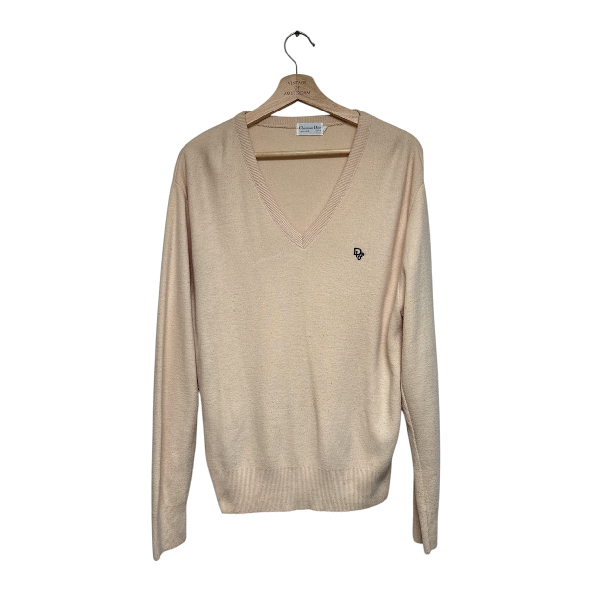 VINTAGE CHRISTIAN DIOR  CREAM V-NECK SWEATER WITH EMBROIDERED LOGO-1