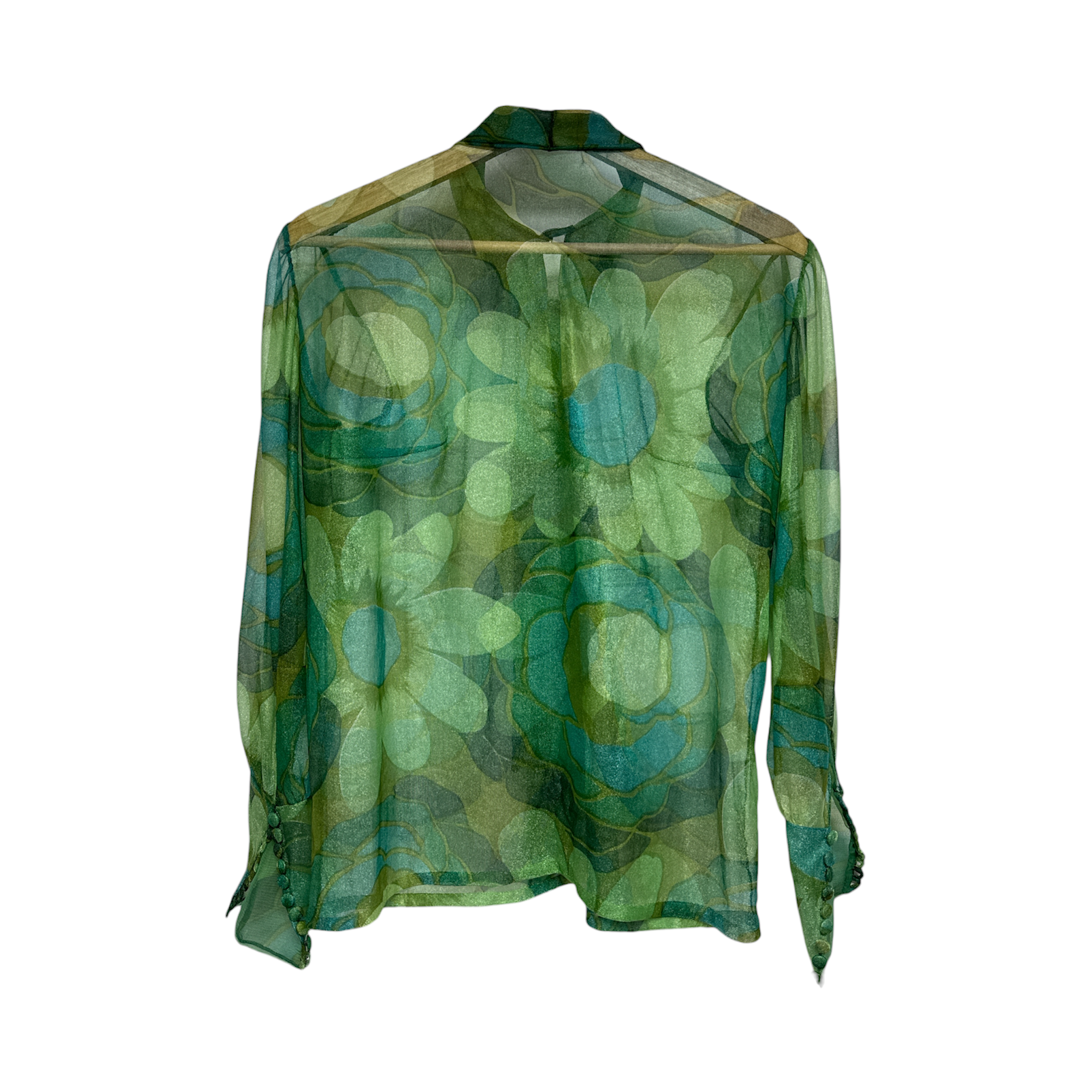 VINTAGE GREEN SHEER FLORAL BLOUSE WITH TIE NECK-2