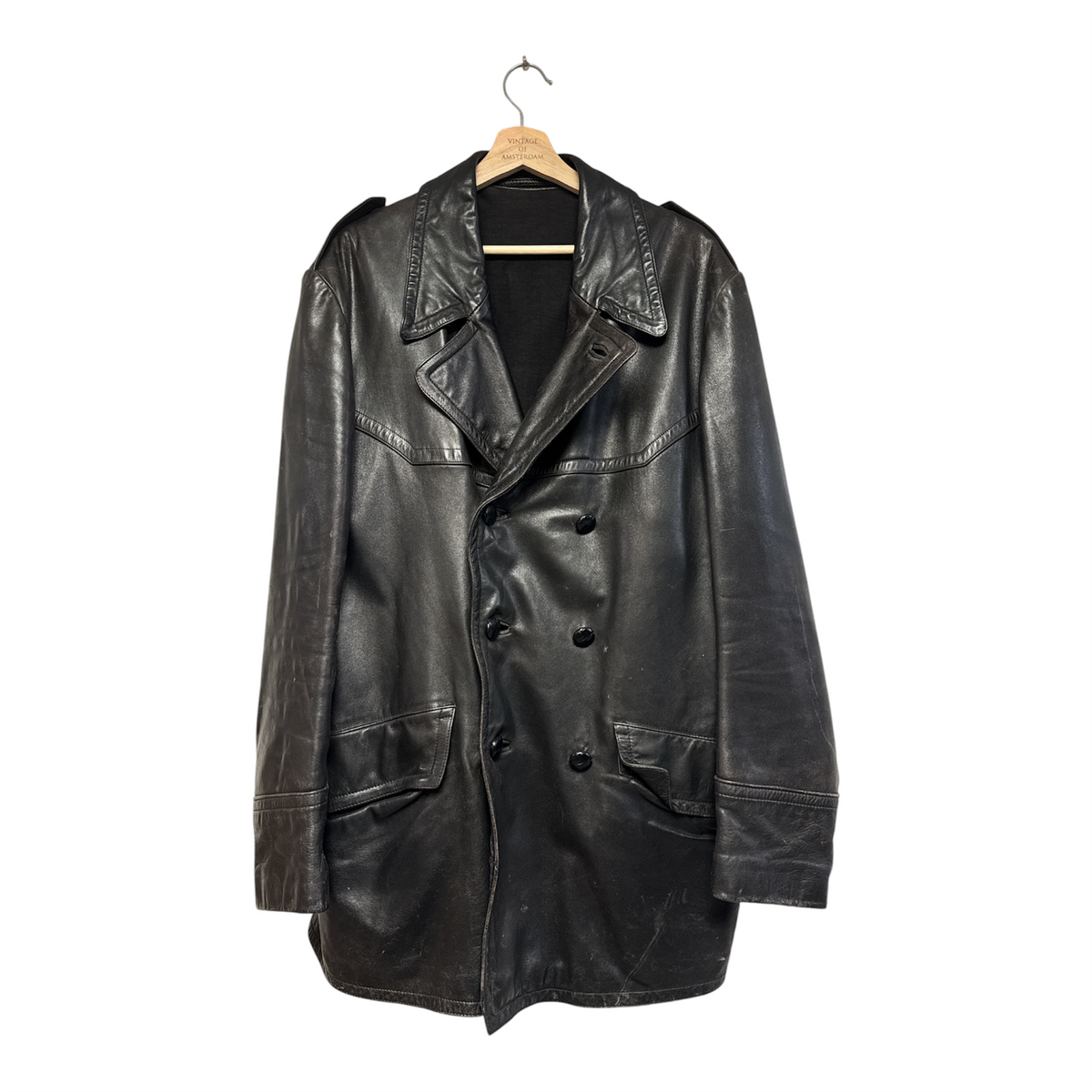 VINTAGE BLACK LEATHER DOUBLE-BREASTED TRENCH JACKET-1