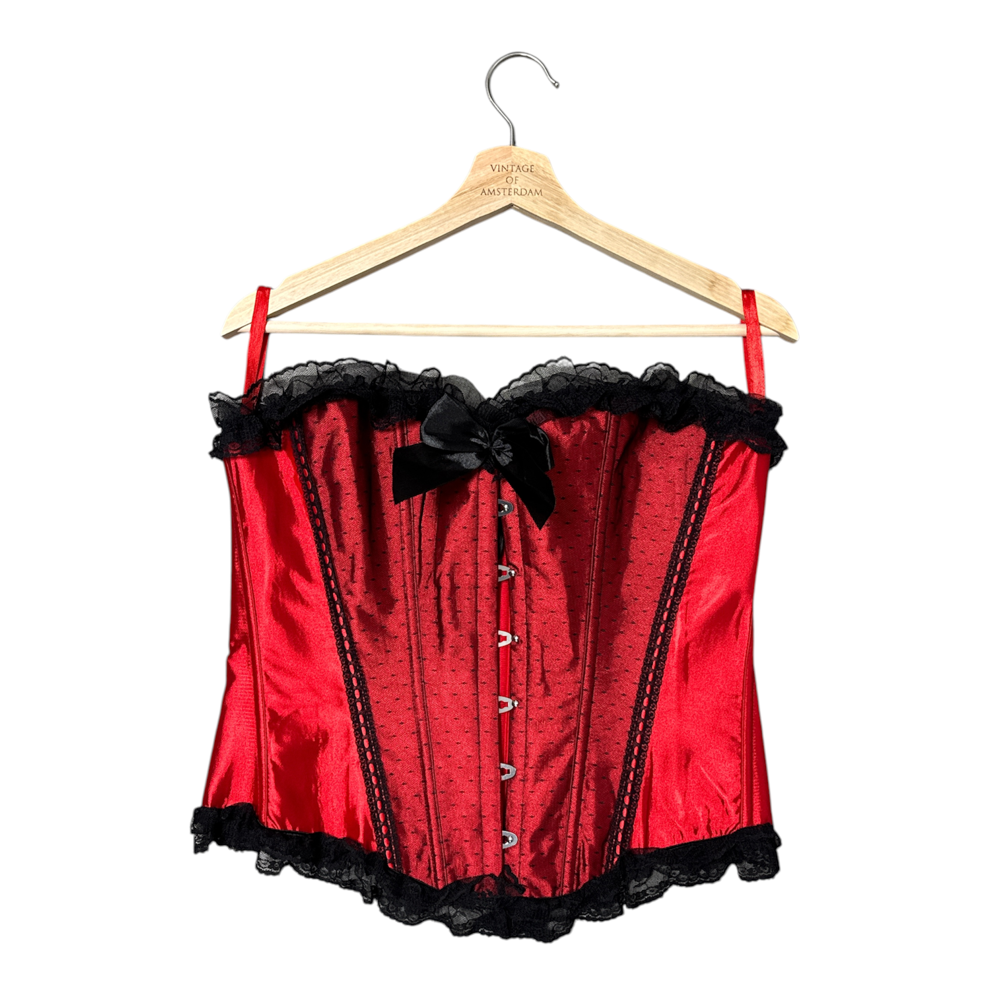 VINTAGE RED SATIN CORSET TOP BLACK LACE BURLESQUE BUSTIER