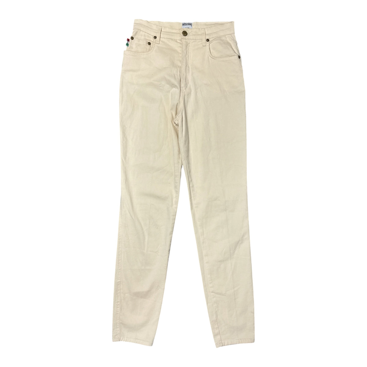 VINTAGE MOSCHINO CREAM PEACE SIGN POCKET STRAIGHT LEG TROUSERS-1