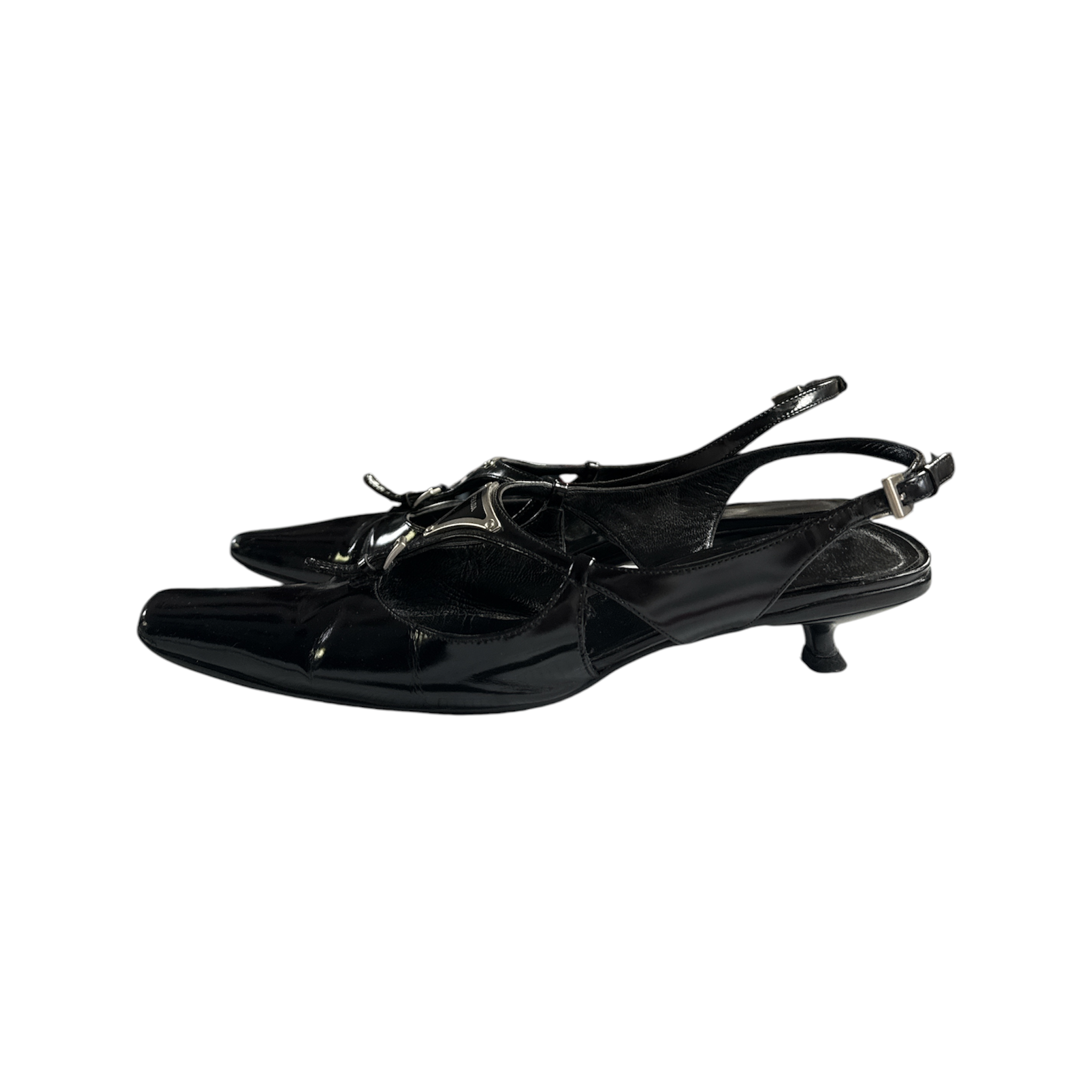 VINTAGE PRADA BLACK LEATHER SLINGBACK POINTED-TOE HEELS WITH LOGO