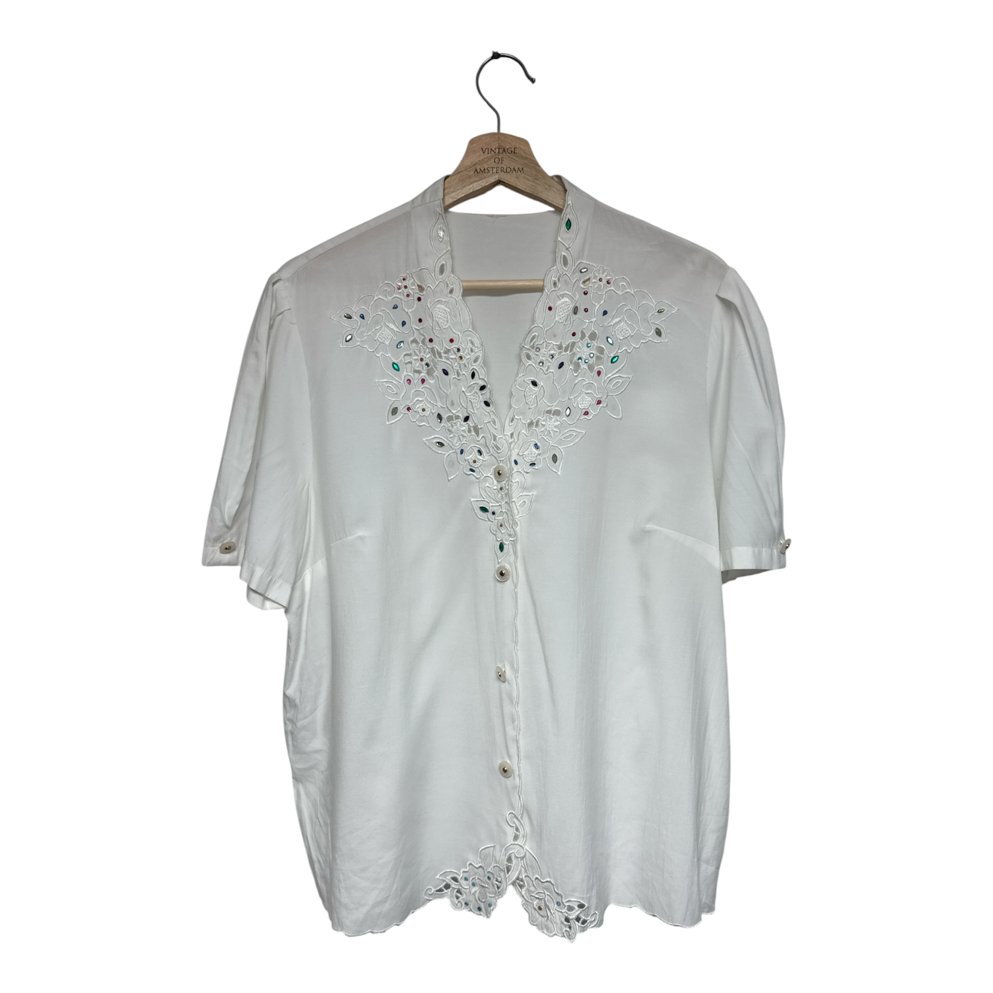 VINTAGE WHITE EMBROIDERED BLOUSE WITH COLORFUL GEMSTONE DETAILS-1