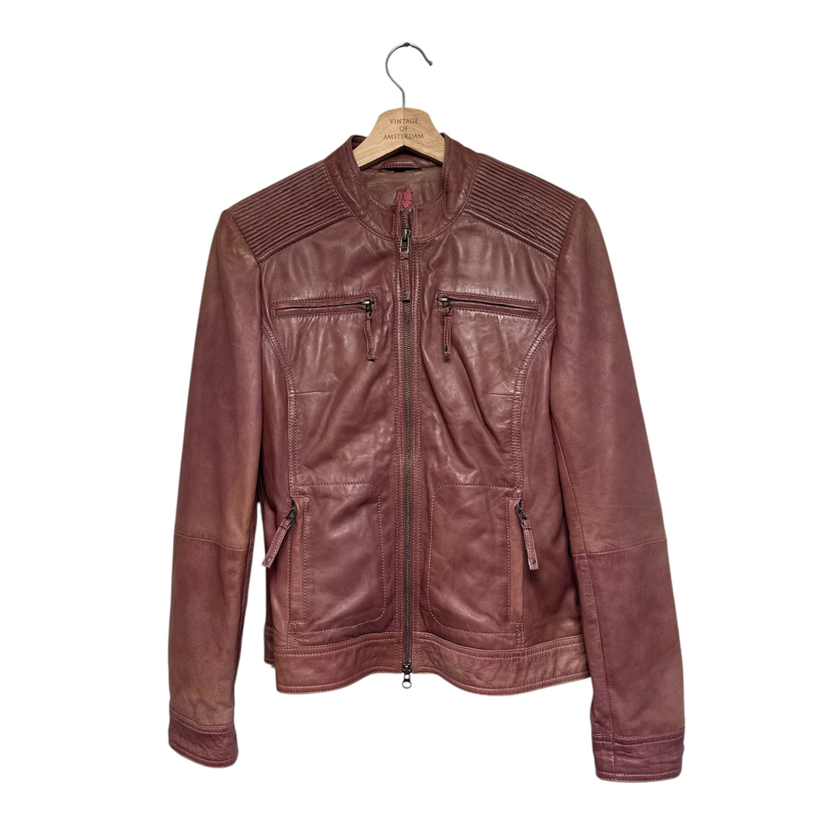 VINTAGE MAUVE DUSTY ROSE LEATHER JACKET WITH RIBBED SHOULDERS-1