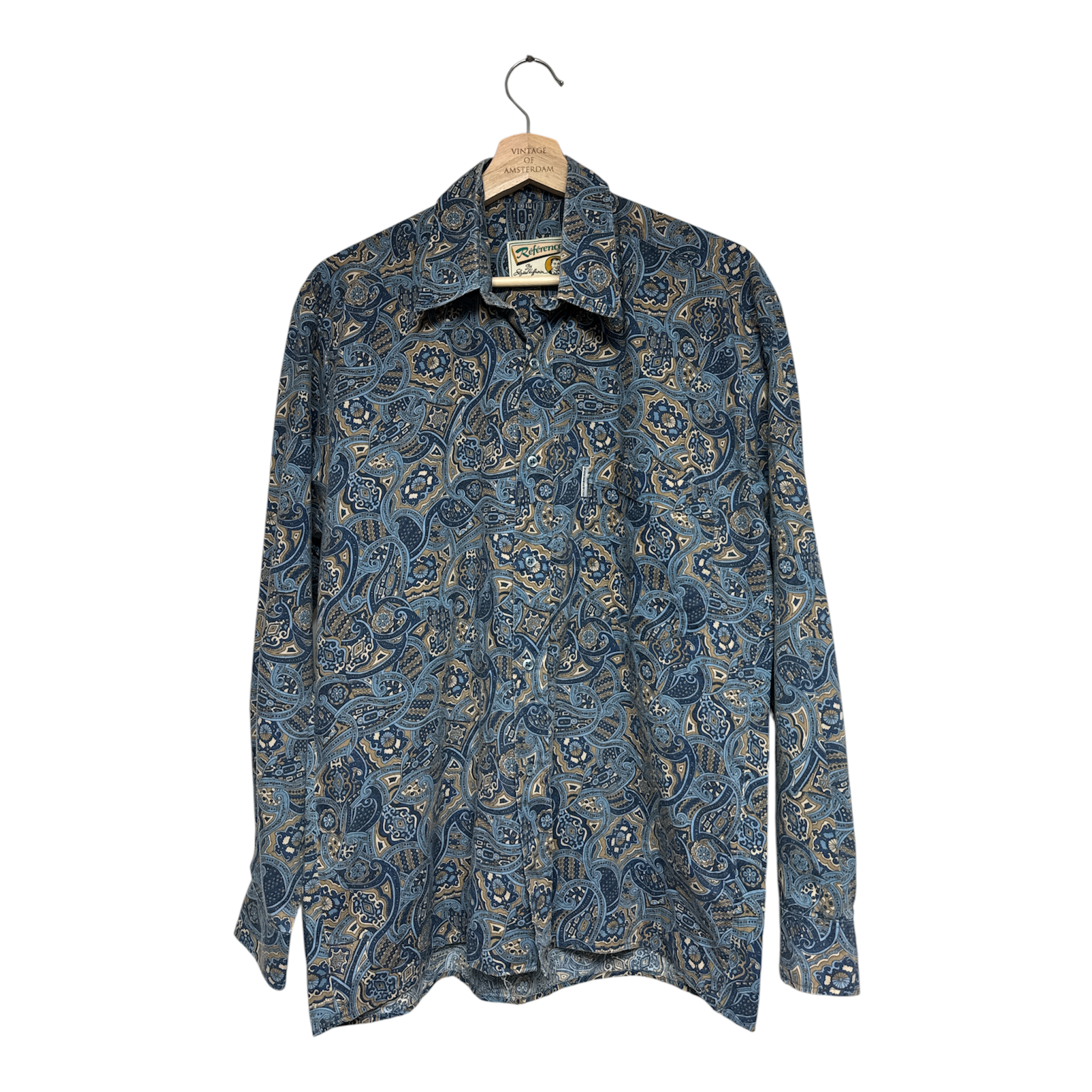 VINTAGE BLUE PAISLEY PRINT LONG SLEEVE BUTTON-UP SHIRT