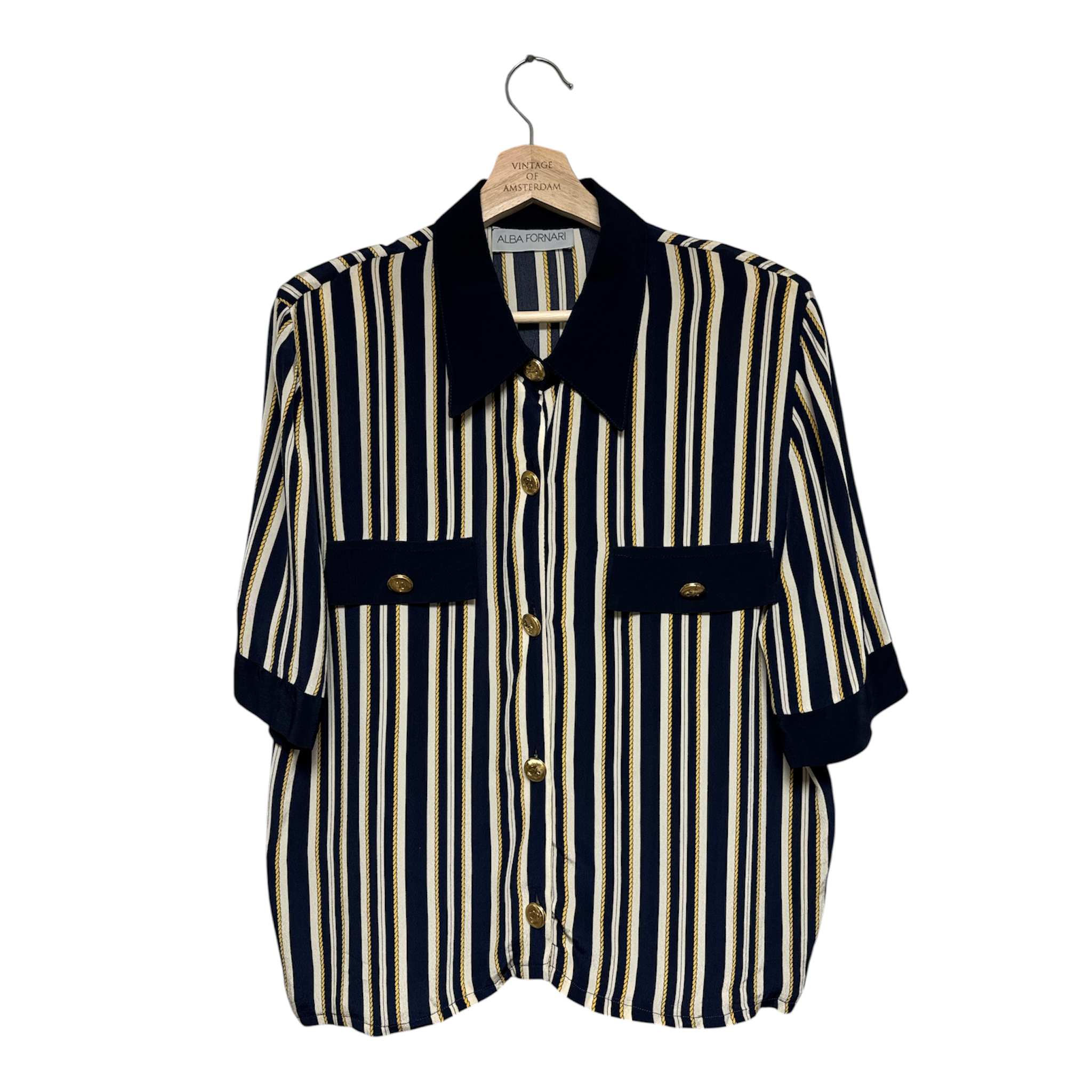 VINTAGE NAVY CREAM GOLD STRIPE BUTTON-UP BLOUSE WITH CONTRAST COLLAR-1