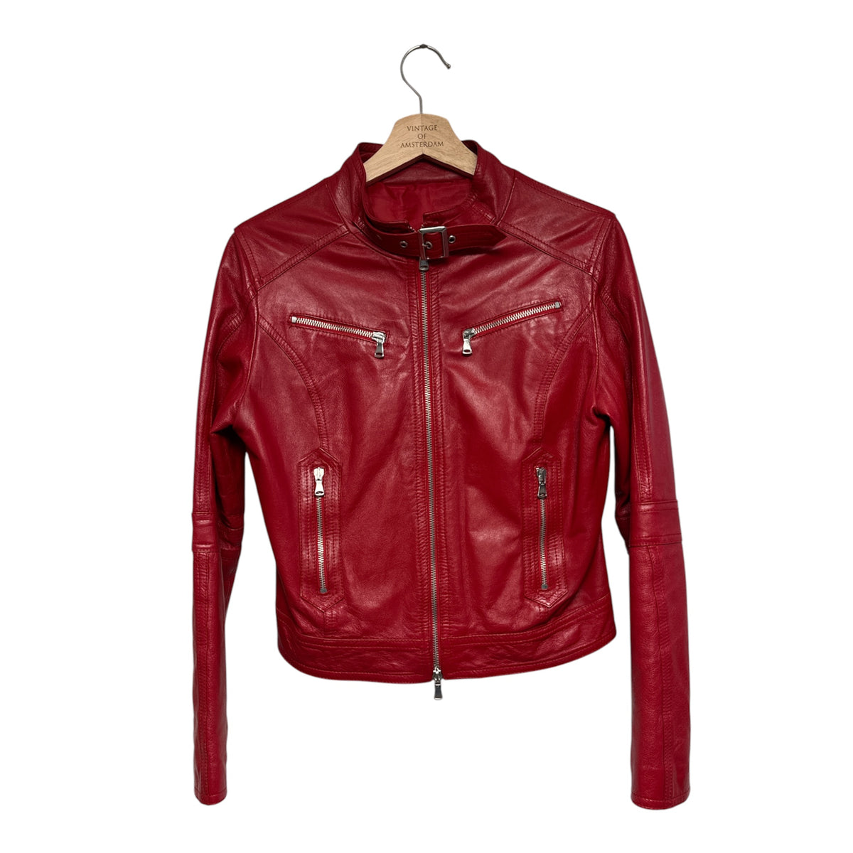 VINTAGE RED LEATHER MOTO / RACER JACKET WITH BUCKLE COLLAR