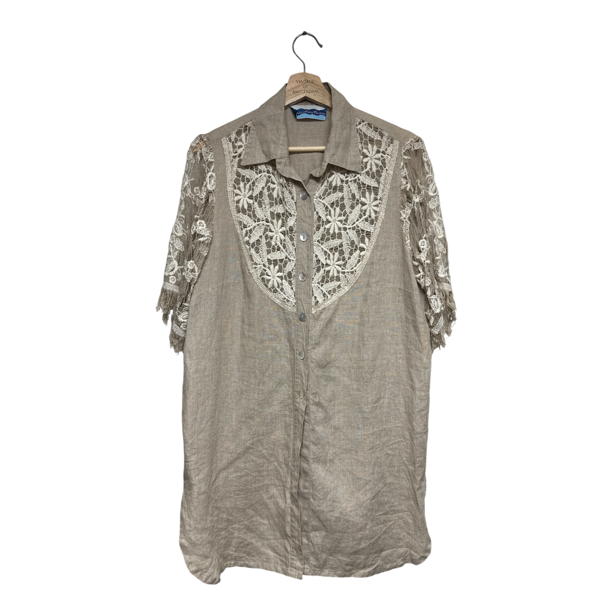VINTAGE TAUPE LINEN BLOUSE WITH LACE DETAIL-1