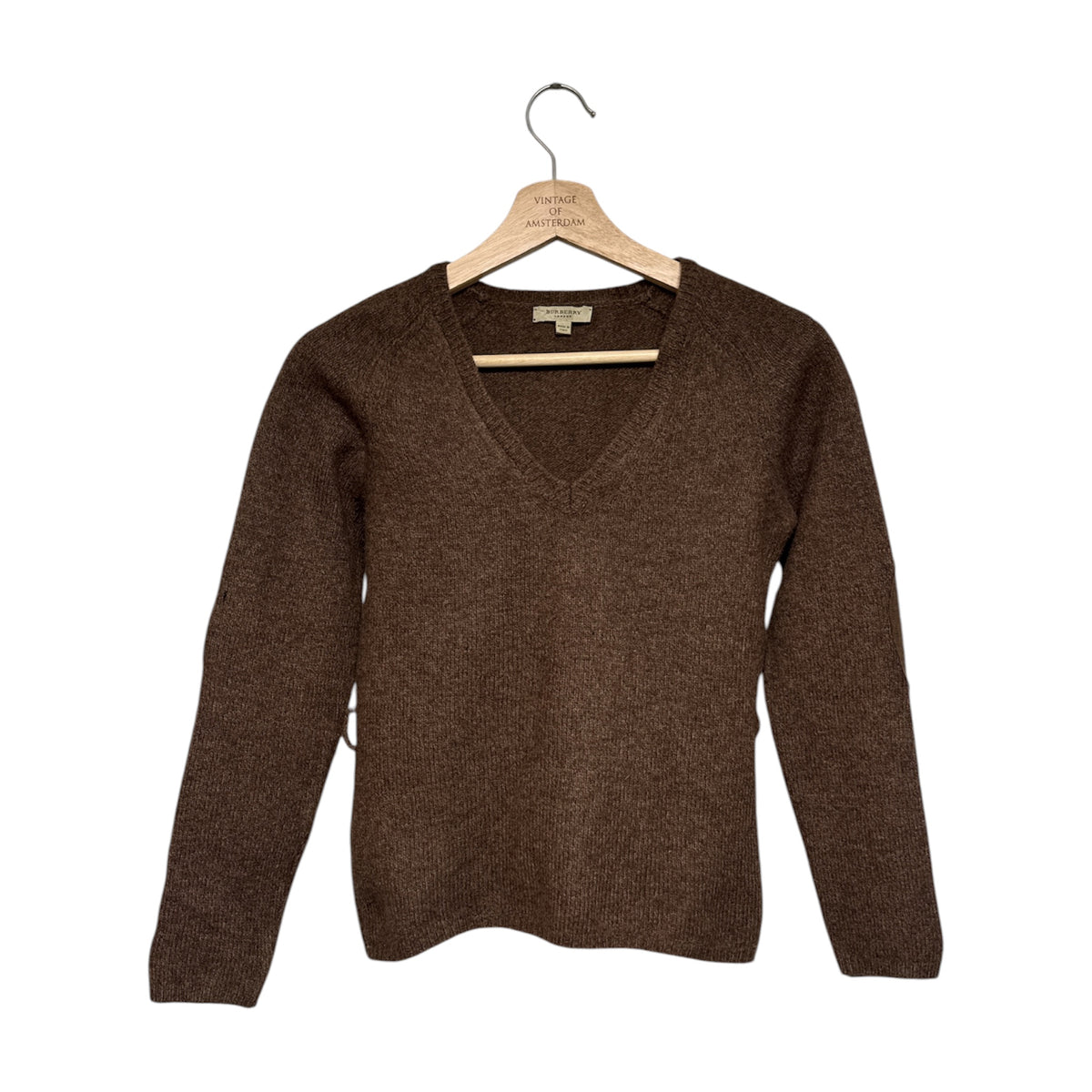 VINTAGE BURBERRY LONDON WOOL V-NECK SWEATER WITH SUEDE ELBOW PATCHES-1