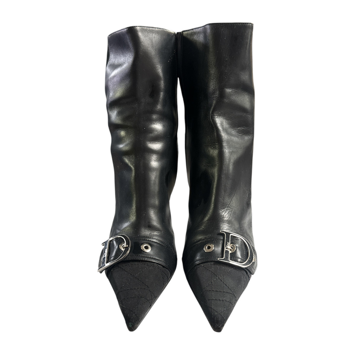 DIOR BLACK LEATHER POINTED-TOE BUCKLE KNEE-HIGH BOOTS-2
