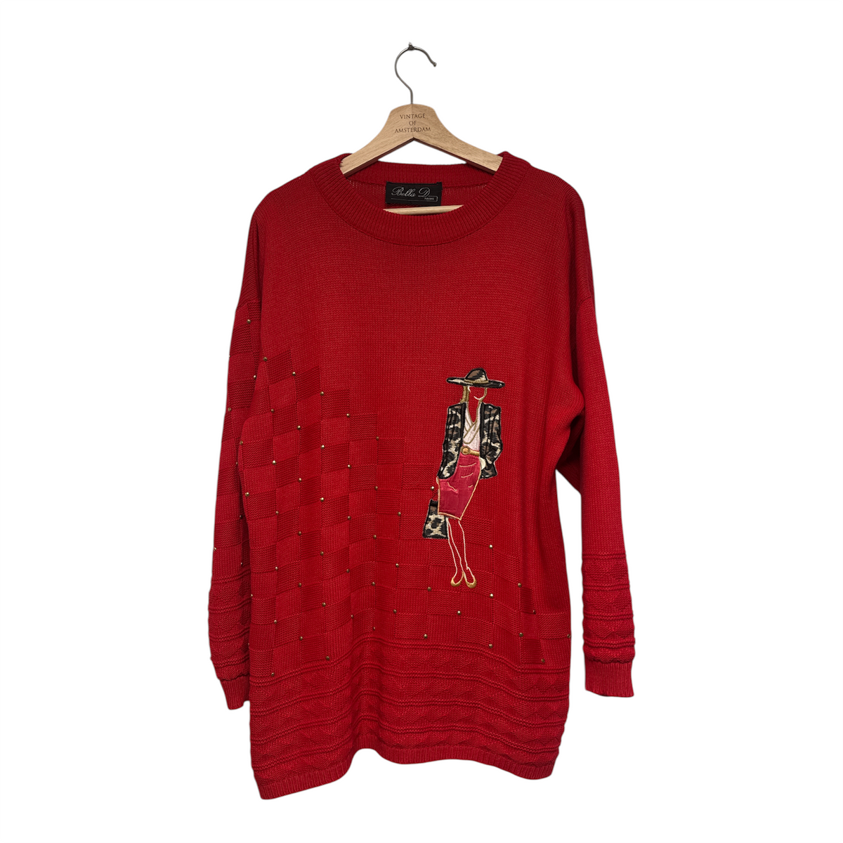 VINTAGE BELLA D RED OVERSIZED GRAPHIC STUDDED CREWNECK SWEATER-1