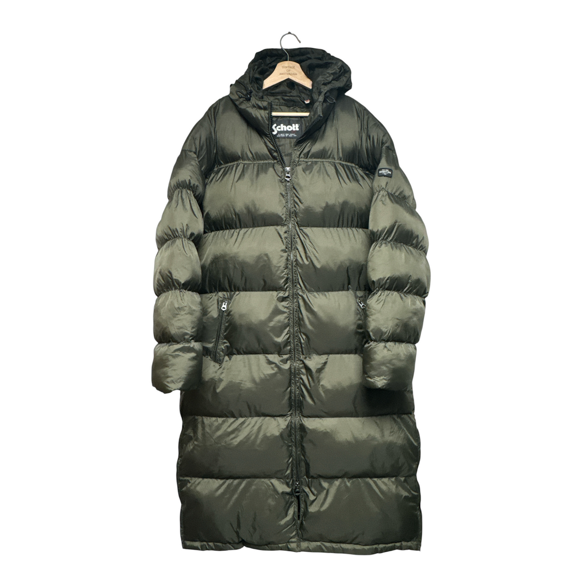 VINTAGE SCHOTT NYC OLIVE GREEN GLOSSY PUFFER LONG COAT-1