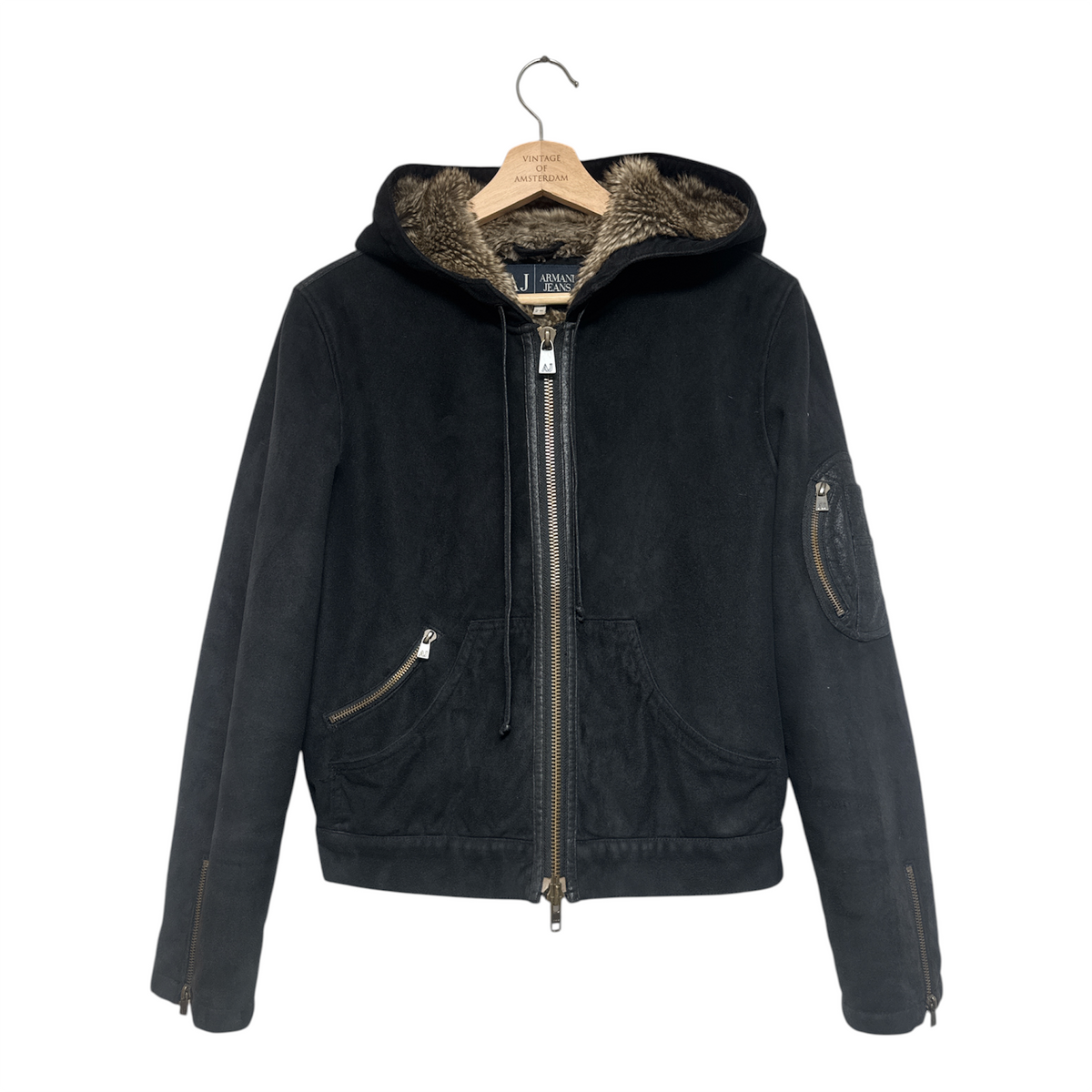 VINTAGE ARMANI JEANS BLACK SUEDE SHERPA LINED HOODED BOMBER JACKET