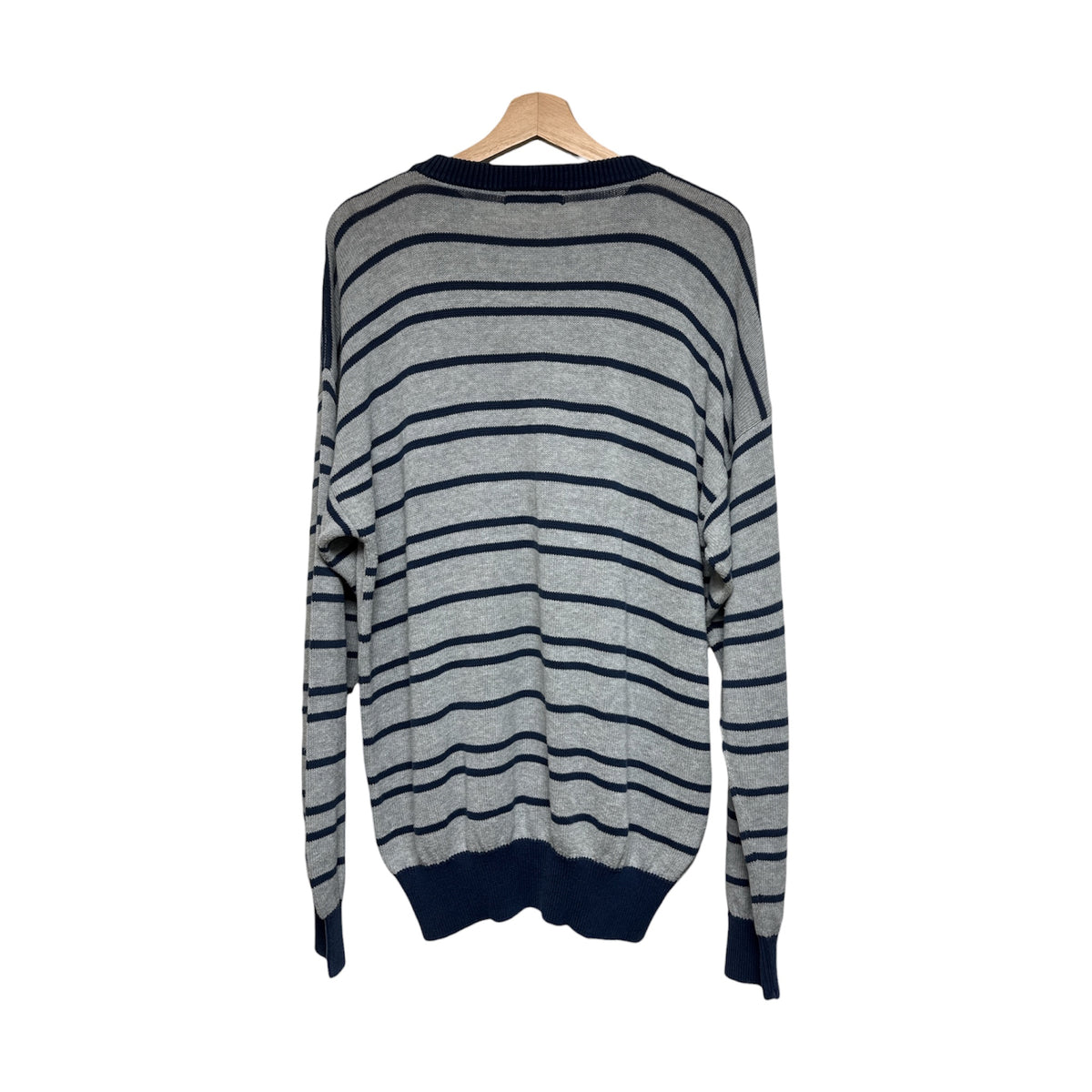 VINTAGE ICEBERG GREY AND NAVY STRIPED CREWNECK SWEATER WITH EMBROIDERED CHEST GRAPHIC-2