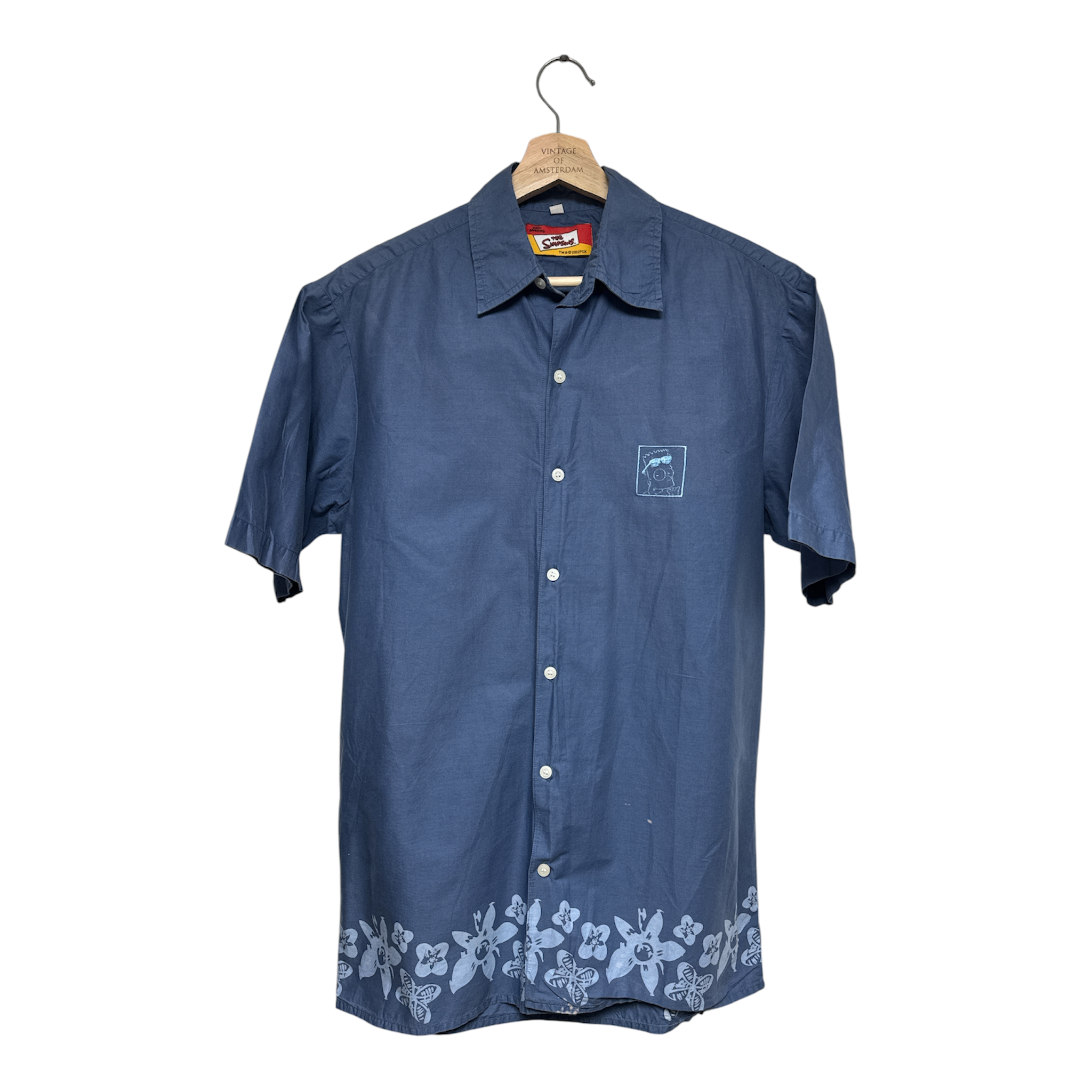 VINTAGE THE SIMPSONS BLUE SHORT SLEEVE SHIRT WITH FLORAL HEM PRINT