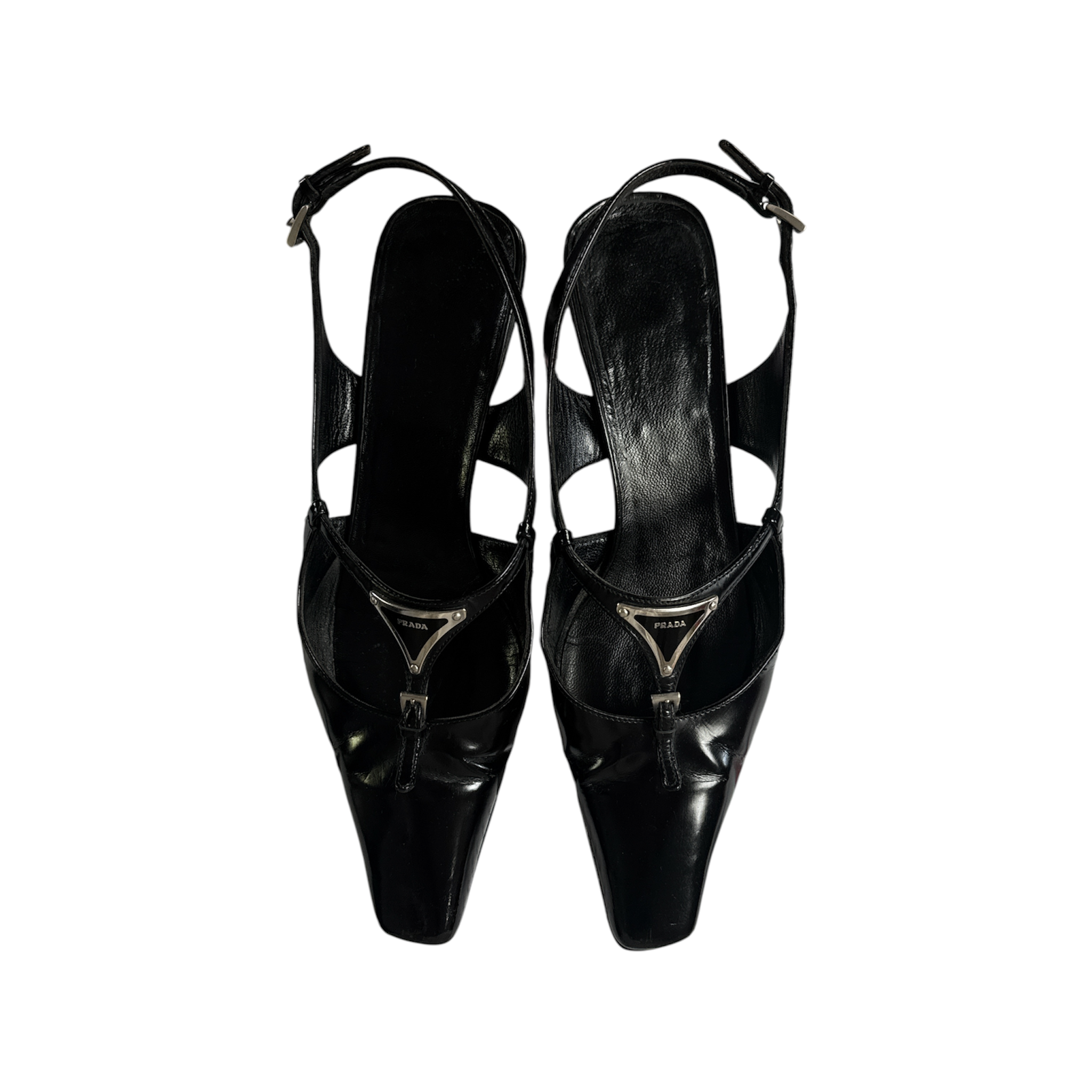 VINTAGE PRADA BLACK LEATHER SLINGBACK POINTED-TOE HEELS WITH LOGO-2