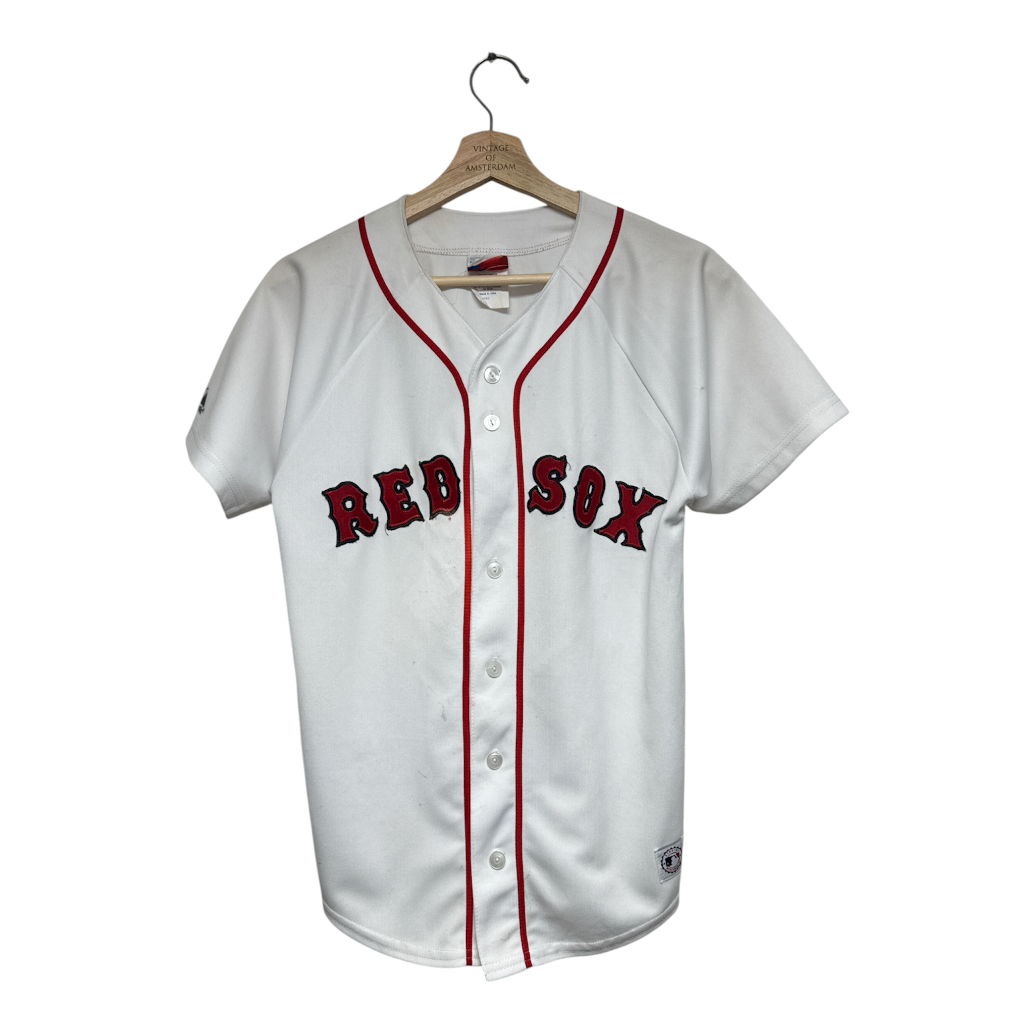 VINTAGE BOSTON RED SOX WHITE BUTTON FRONT BASEBALL JERSEY-1