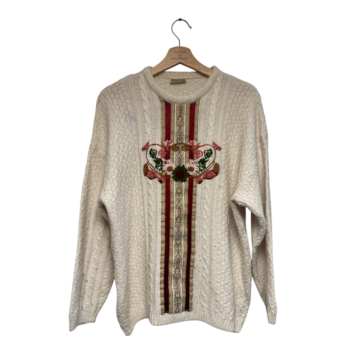 VINTAGE CREAM CABLE-KNIT AND TAPESTRY FLORAL EMBROIDERED CREWNECK SWEATER-1