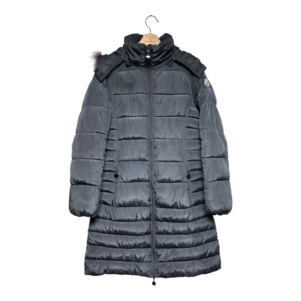 VINTAGE MONCLER DARK GREY PADDED DOWN LONG COAT WITH FUR TRIM HOOD-1
