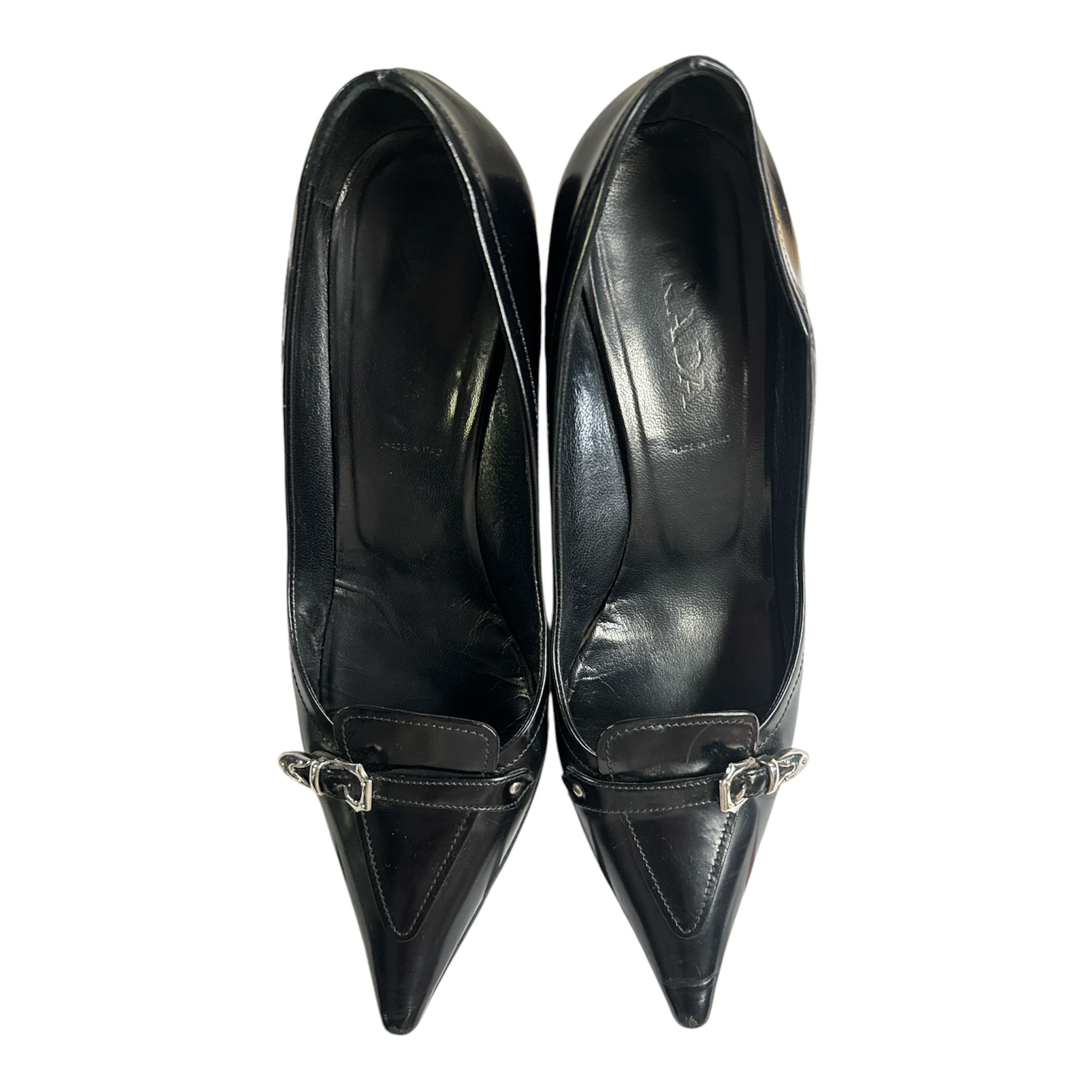VINTAGE PRADA BLACK LEATHER POINTED-TOE BUCKLE STRAP PUMPS-2