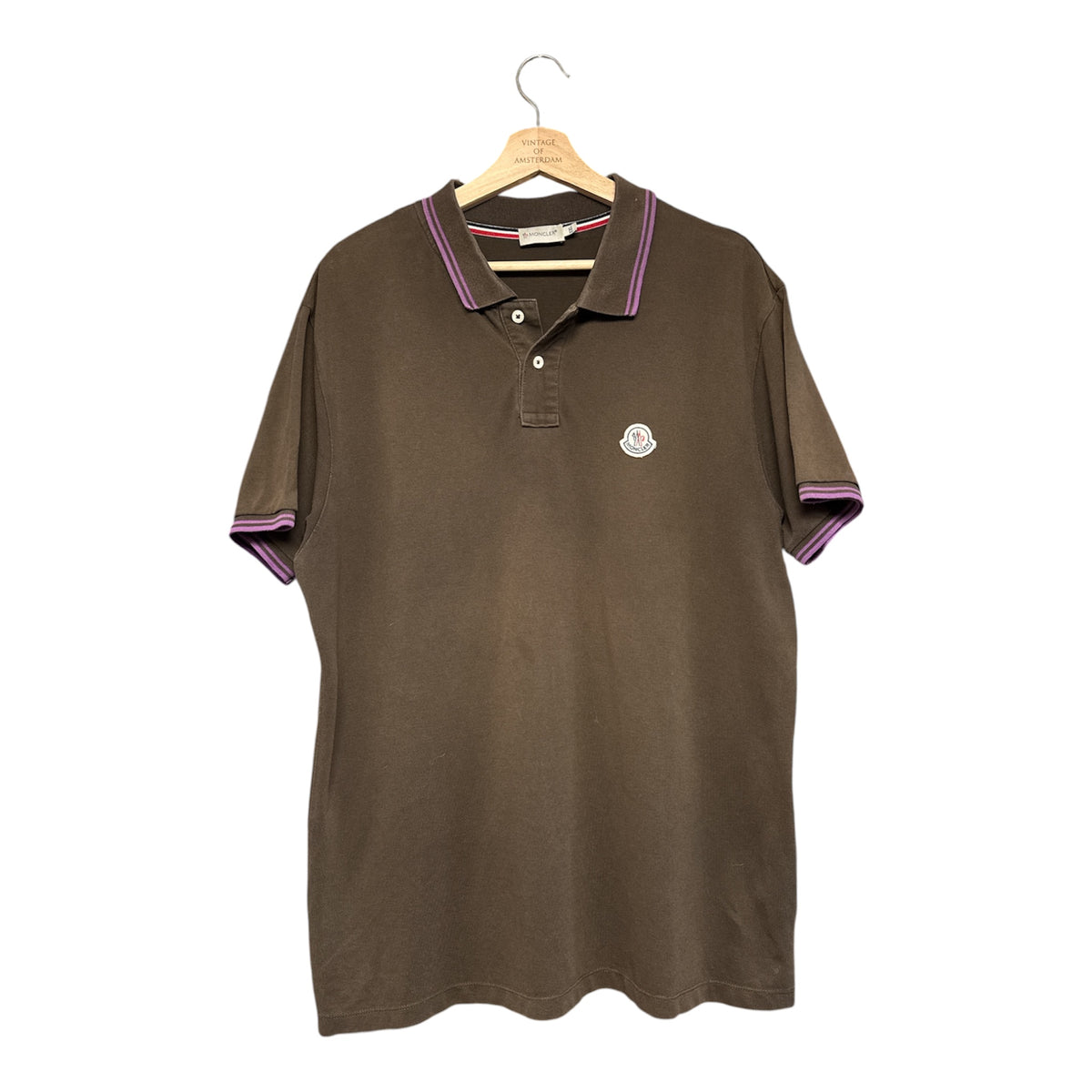 VINTAGE MONCLER STRIPED TRIM POLO SHIRT IN BROWN-1