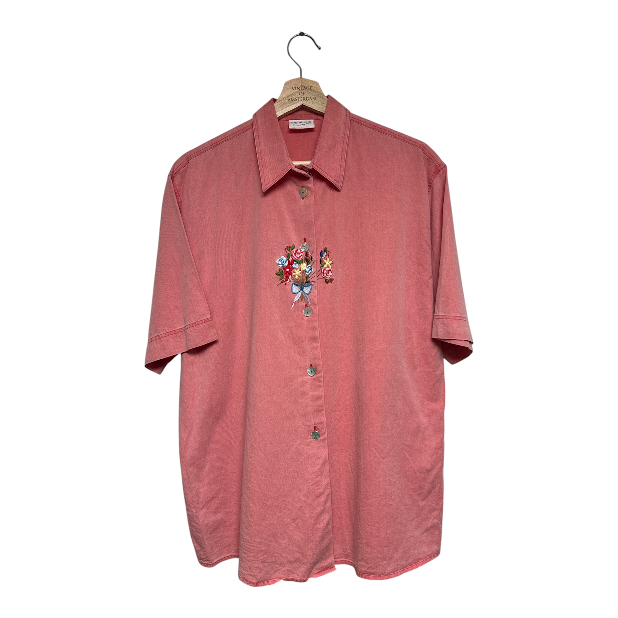 VINTAGE CORAL PINK BUTTON-UP SHIRT WITH FLORAL EMBROIDERY-1