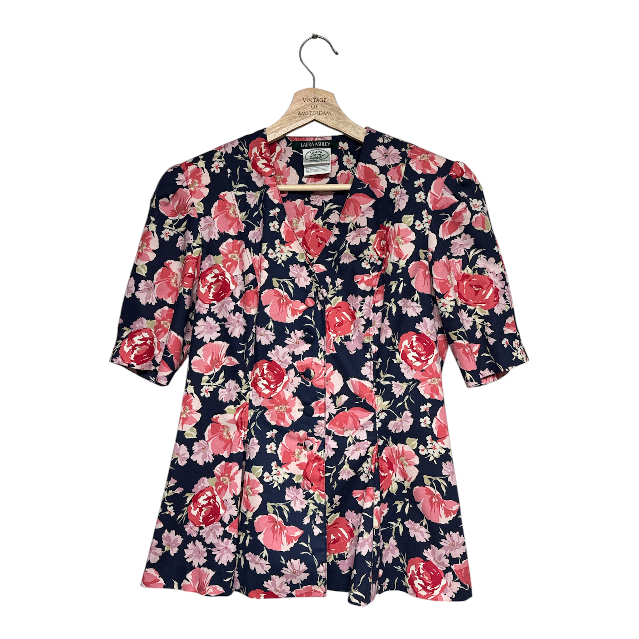 VINTAGE LAURA ASHLEY FLORAL BUTTON-UP BLOUSE IN NAVY PINK PRINT-1